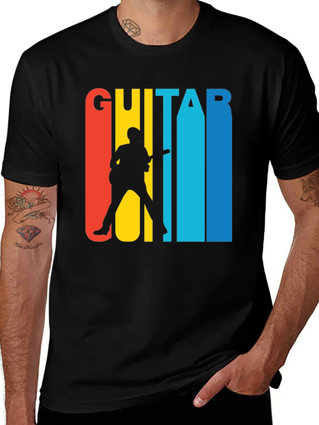 Retro Guitar Player Graphic Tee - Black Cotton T-Shirt