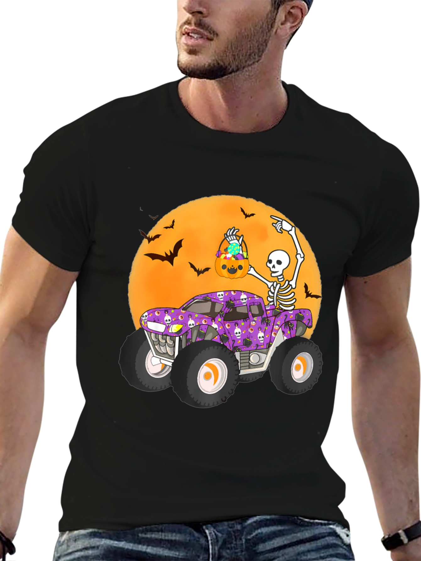 Halloween Monster Truck Tee - Skeleton Bats & Candy!