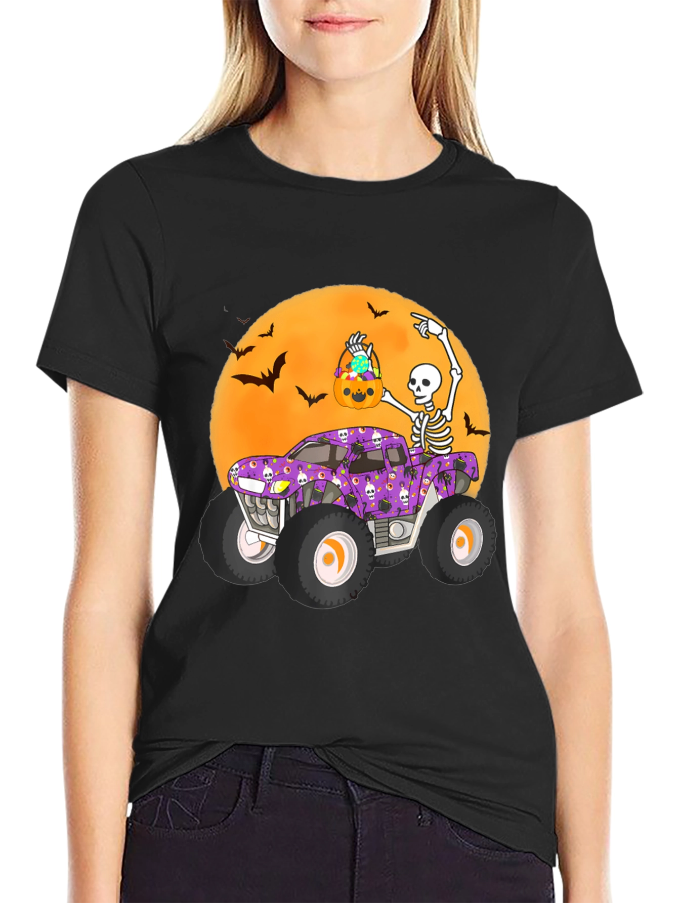 Halloween Monster Truck Tee - Skeleton Bats & Candy!