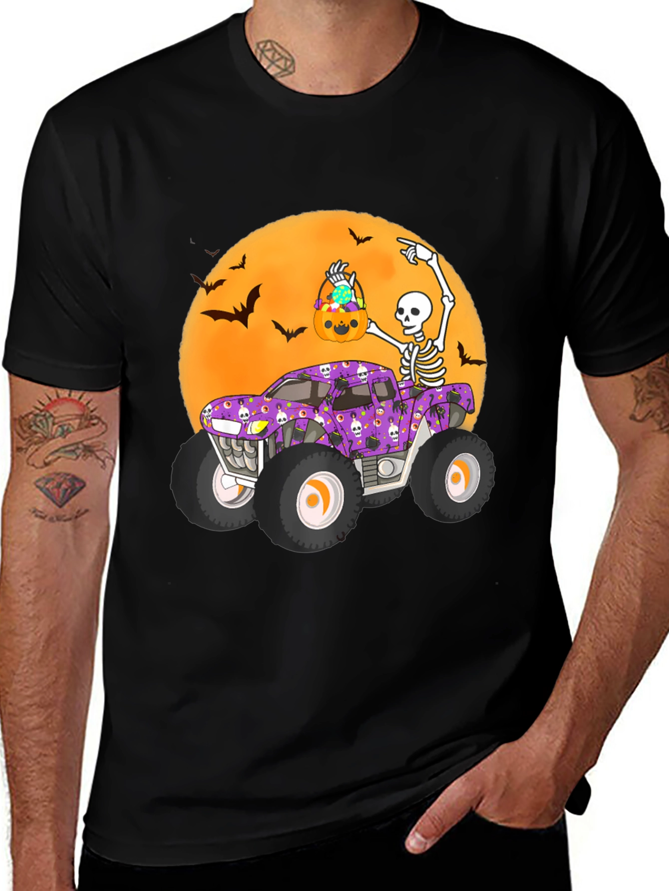 Halloween Monster Truck Tee - Skeleton Bats & Candy!