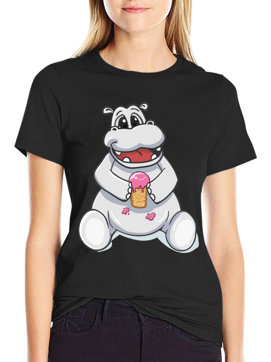 Hippo Ice Cream Graphic Tee - Black Cotton T-Shirt