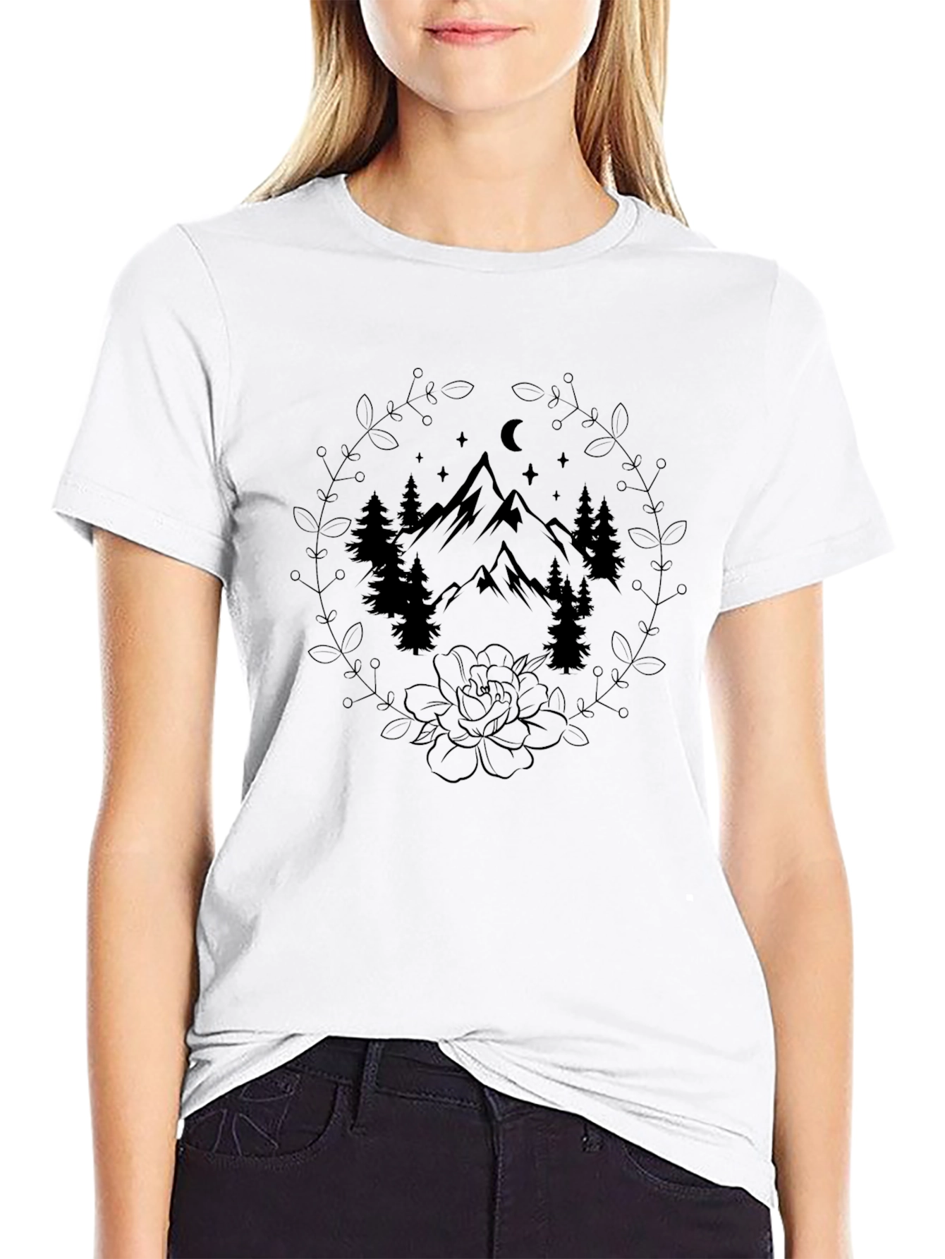 Mountain & Floral Graphic Tee - Black