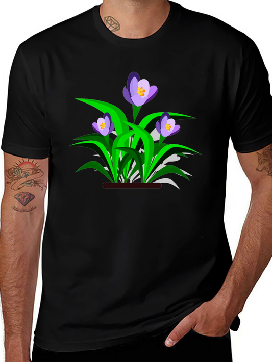 Floral Crocus Graphic Tee - Black Cotton Casual T-Shirt