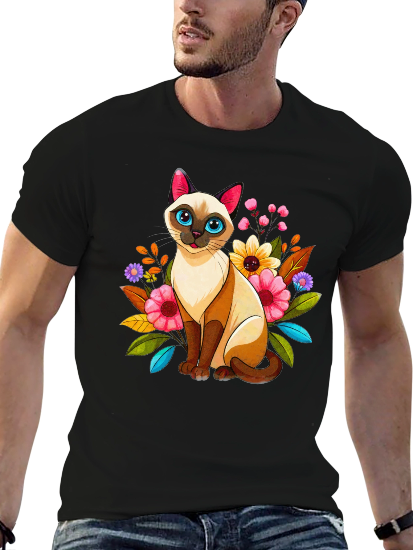 Floral Cat Graphic Tee - Unique Design