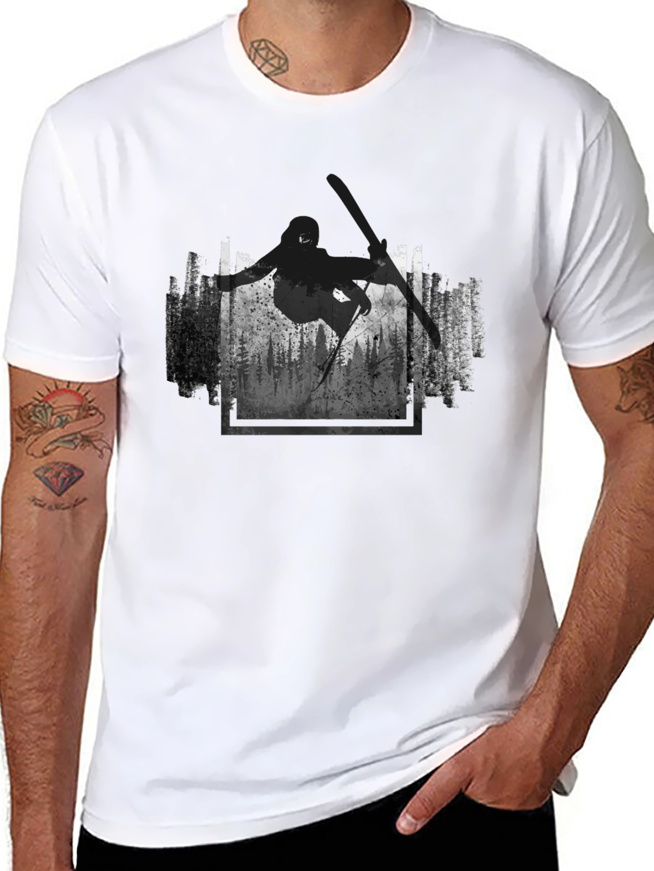 Skiing Forest Graphic Black T-Shirt