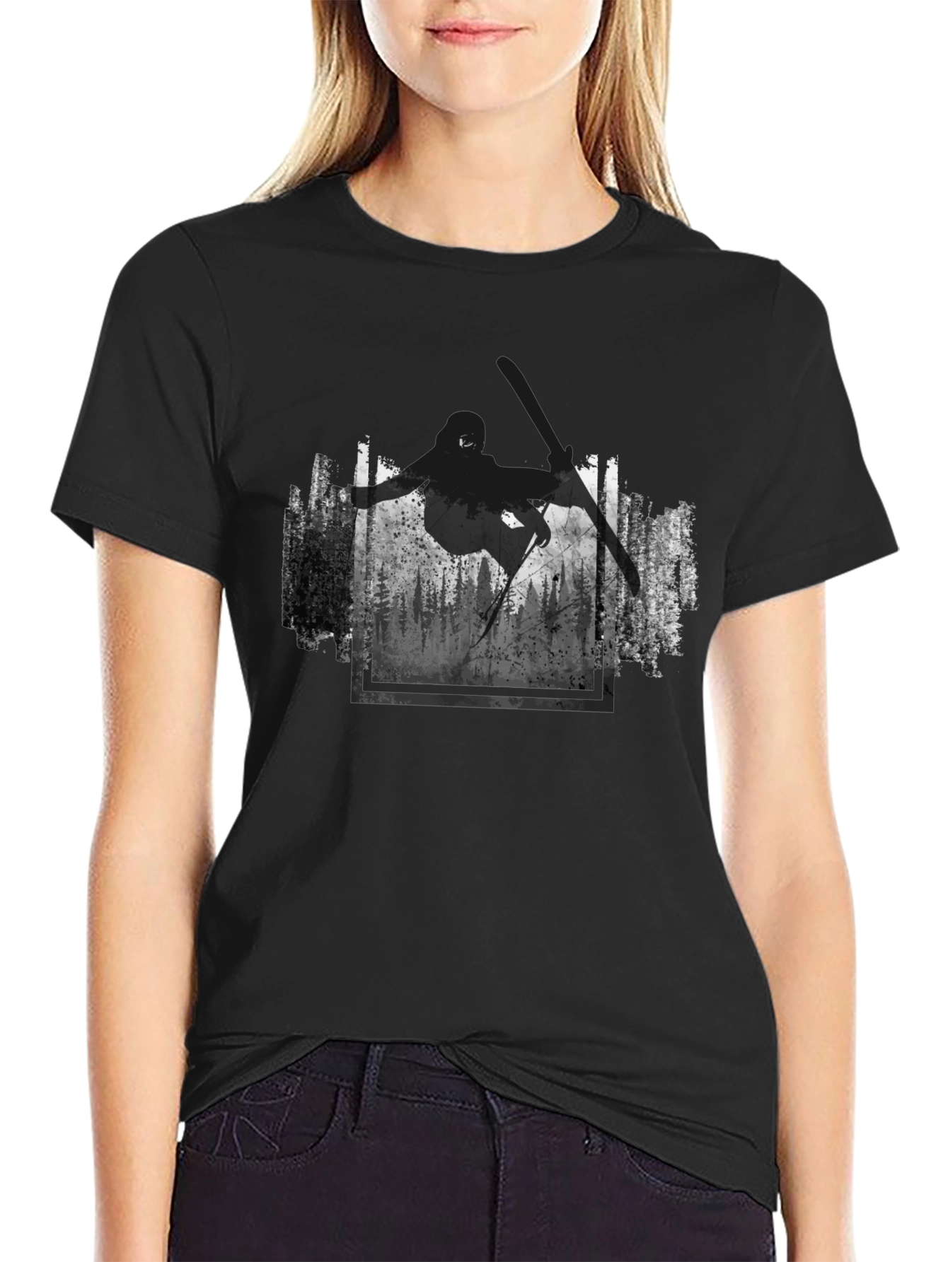 Skiing Forest Graphic Black T-Shirt