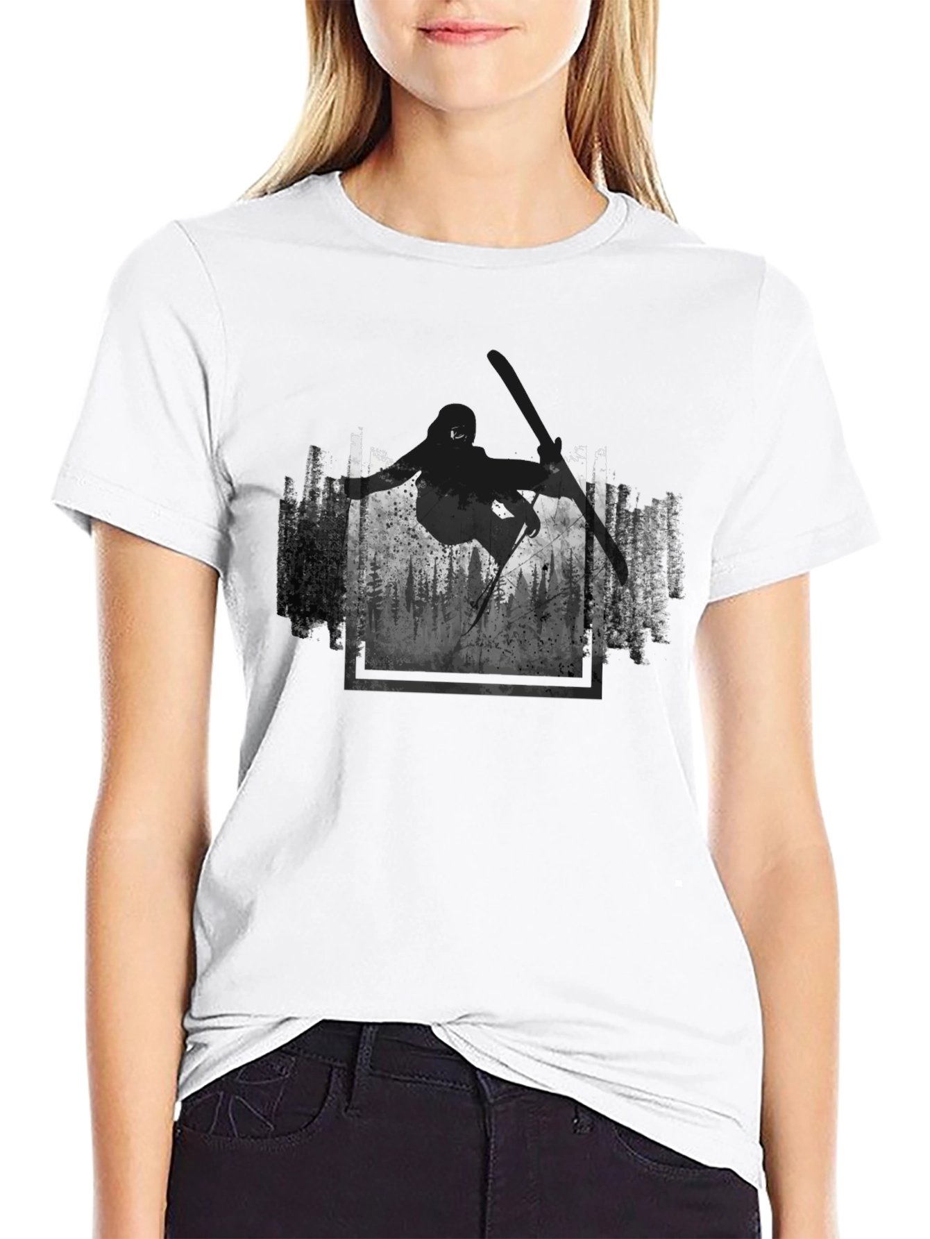 Skiing Forest Graphic Black T-Shirt