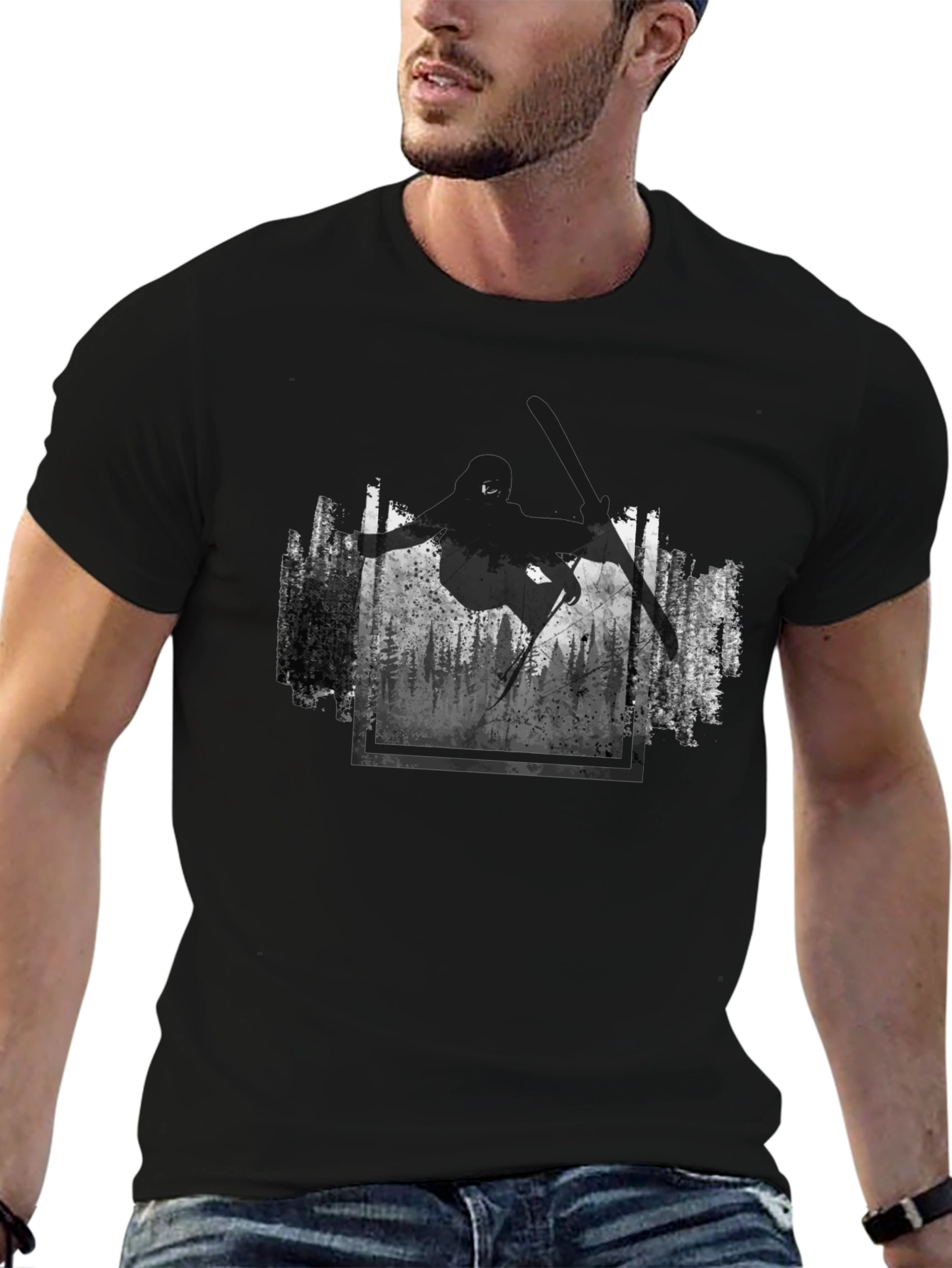 Skiing Forest Graphic Black T-Shirt