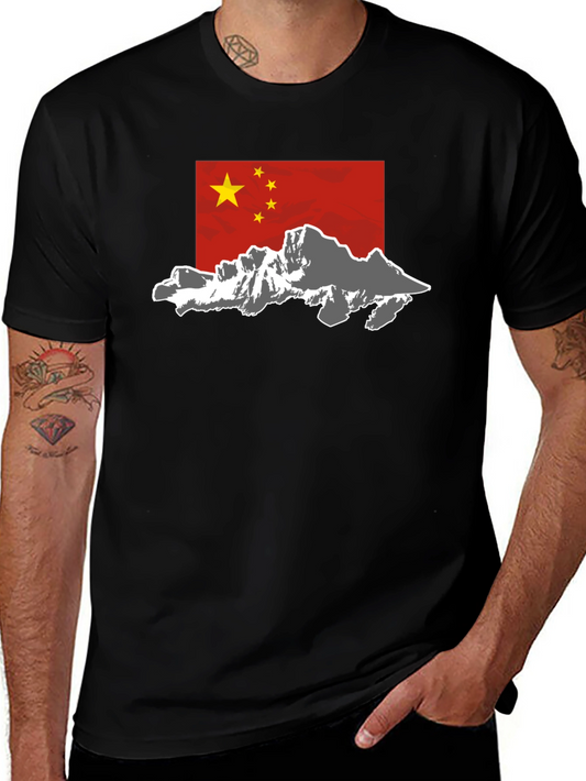 China Flag Mountain Graphic Tee - Black Cotton Casual T-Shirt