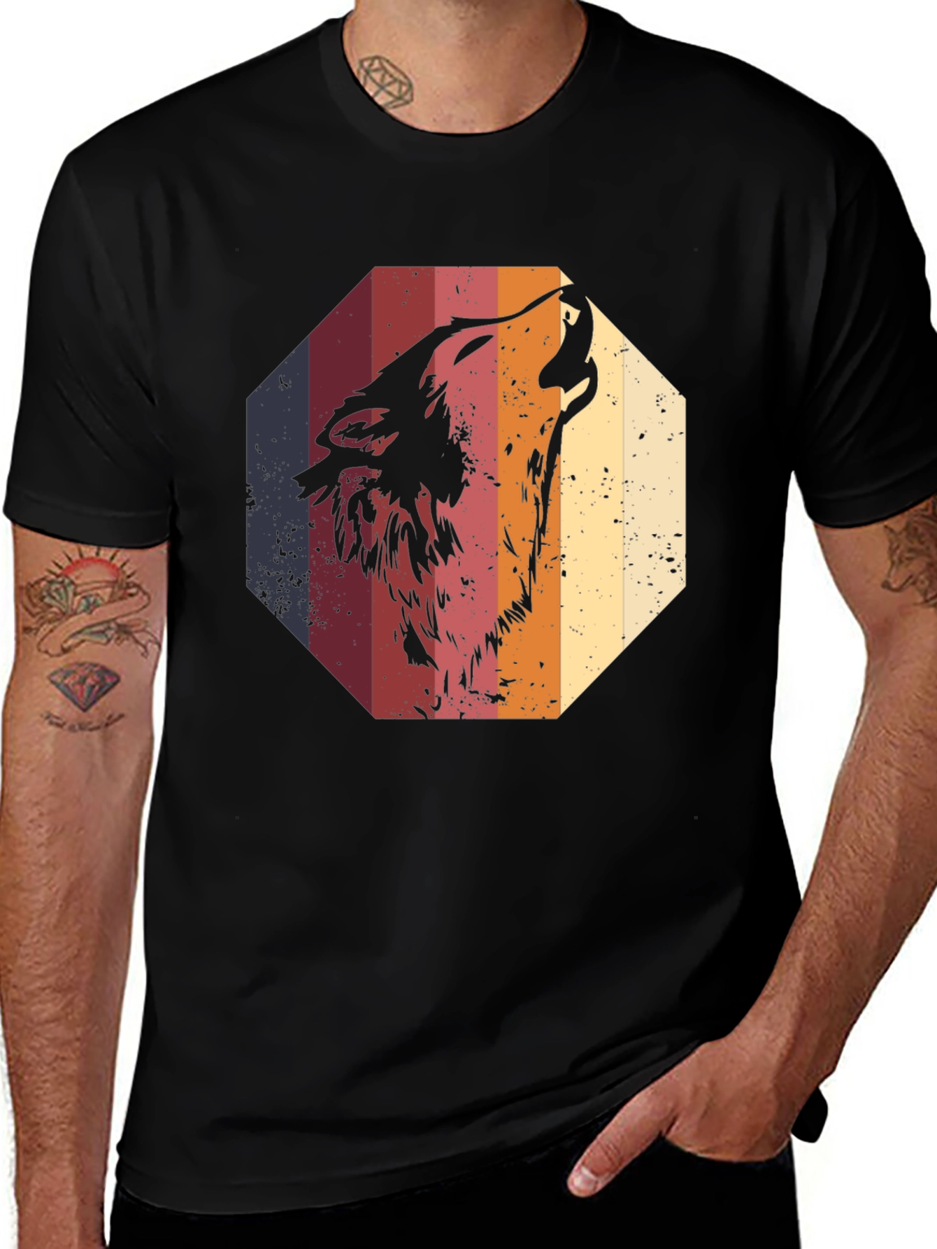 Retro Wolf Graphic Tee - Mens Black T-Shirt