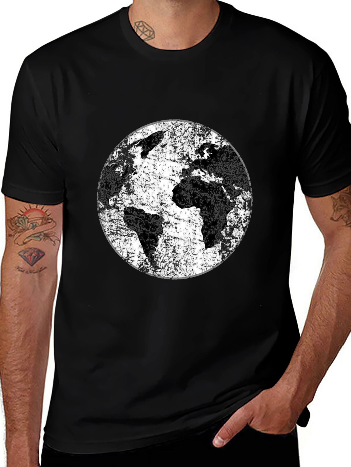 Distressed Earth Graphic Tee - Black Cotton T-Shirt