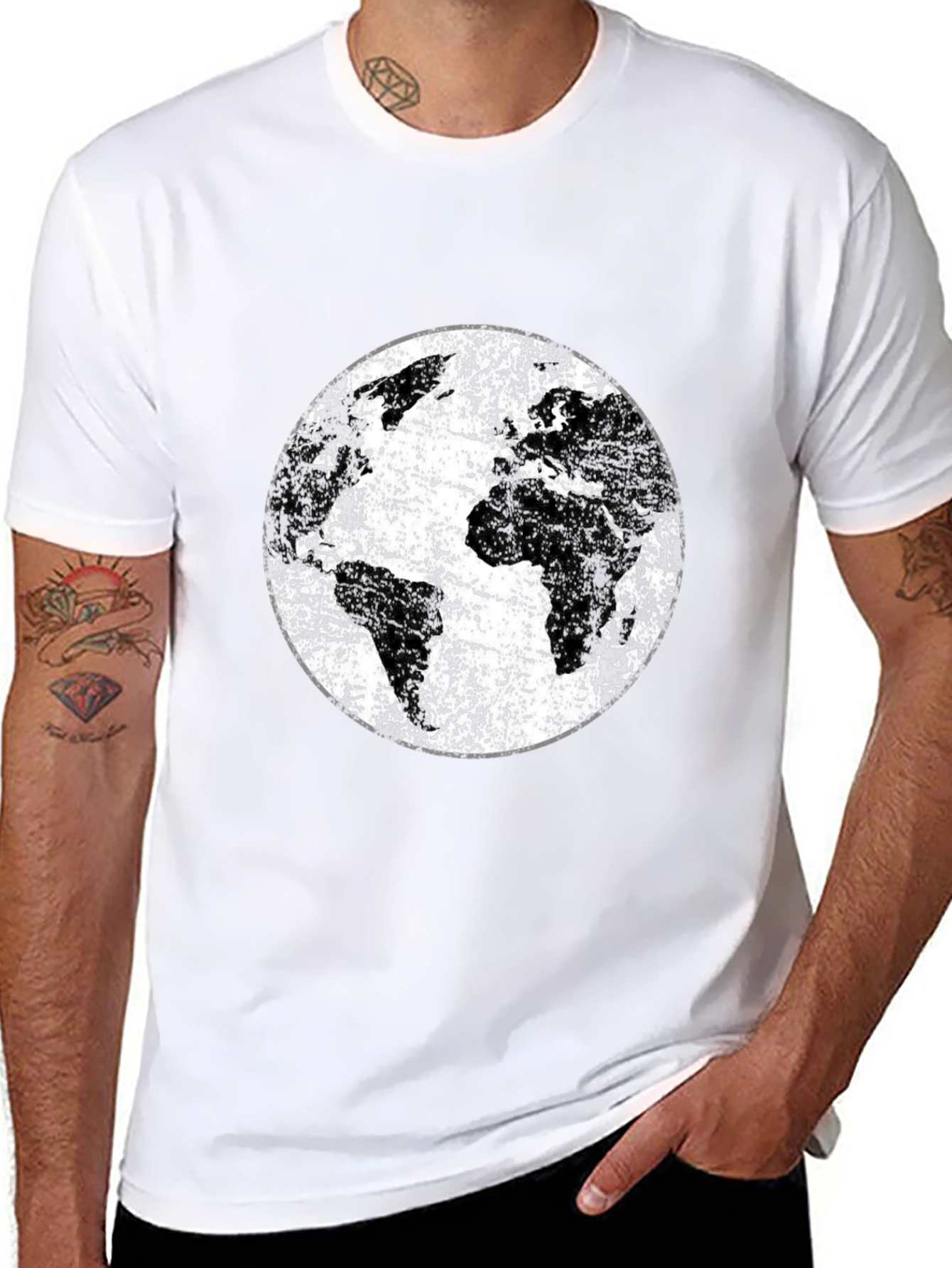 Distressed Earth Graphic Tee - Black Cotton T-Shirt