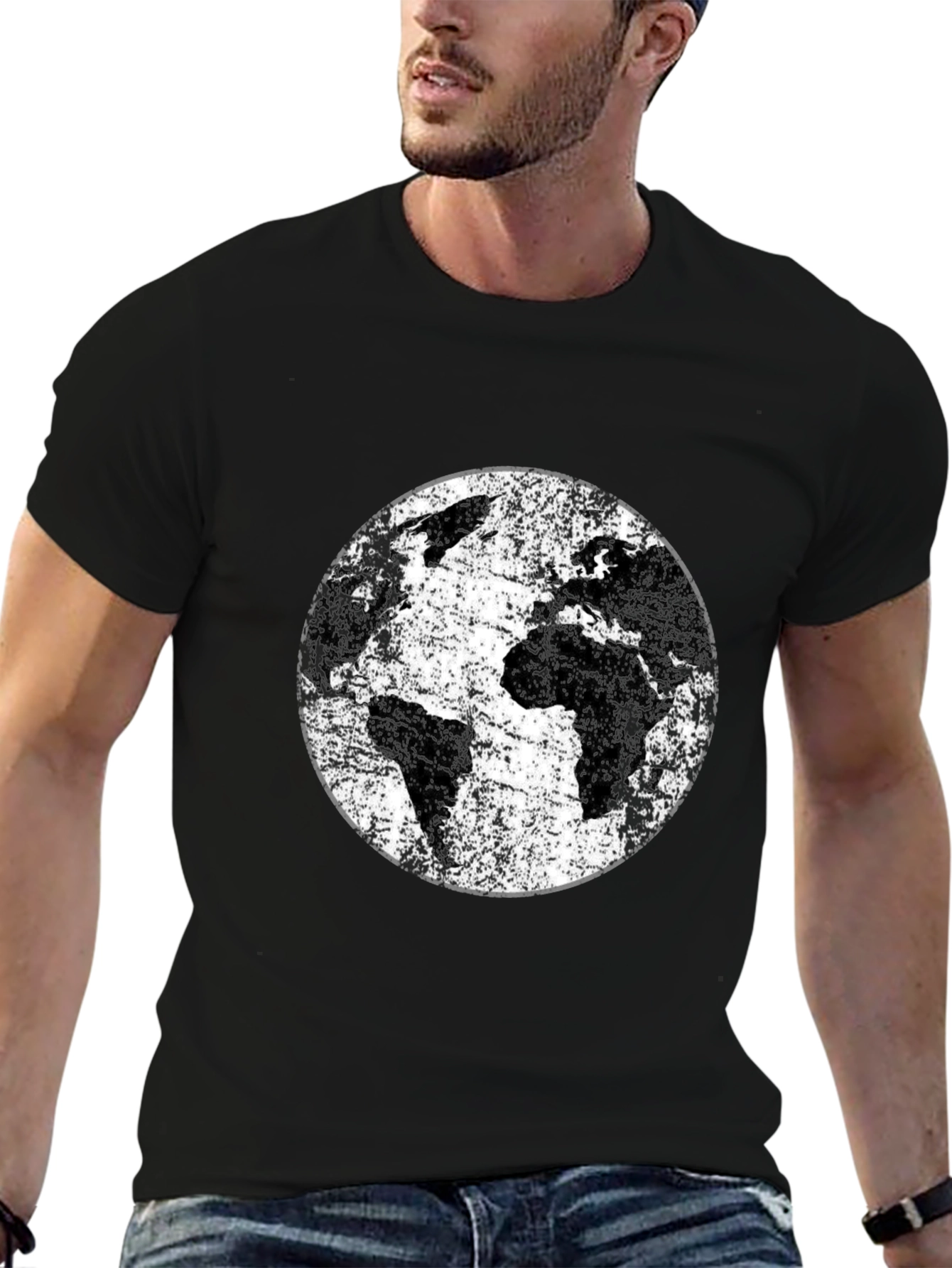 Distressed Earth Graphic Tee - Black Cotton T-Shirt