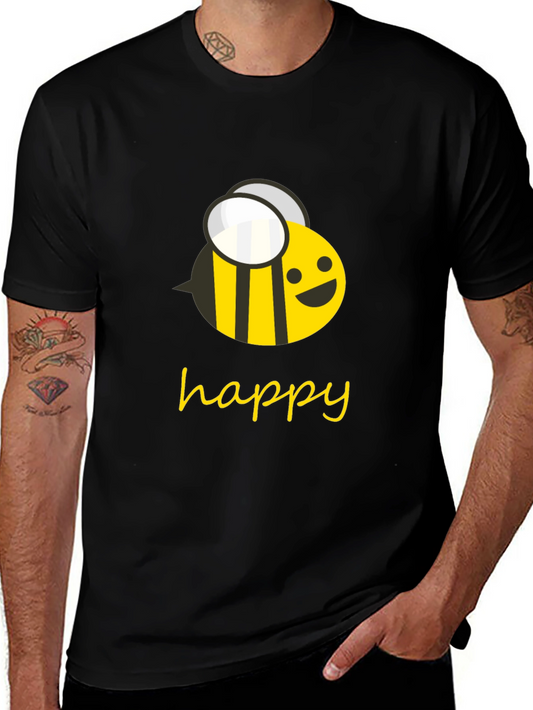 Happy Bee Graphic Tee - Black Cotton T-Shirt