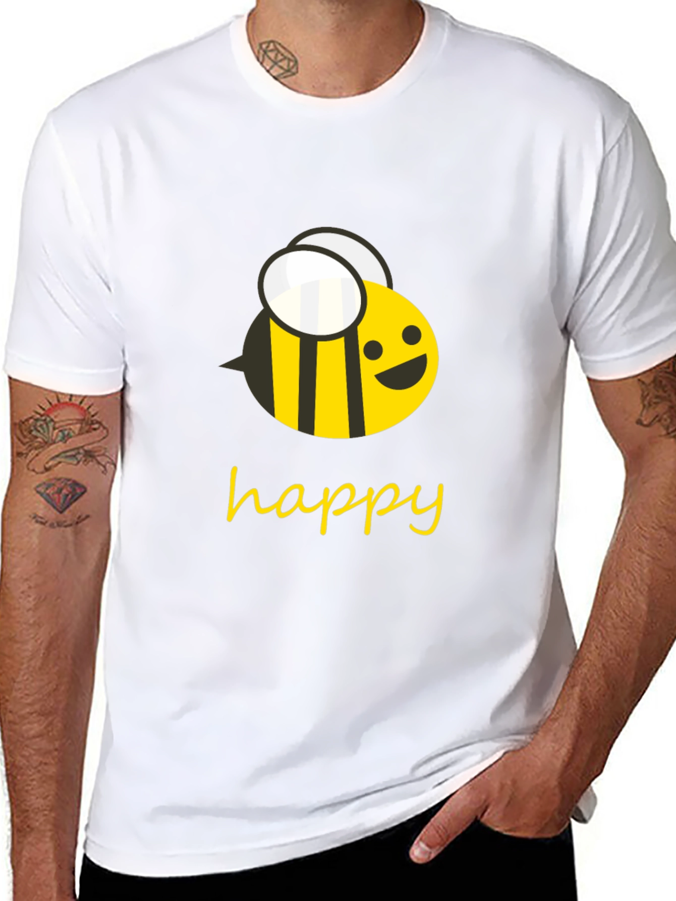 Happy Bee Graphic Tee - Black Cotton T-Shirt