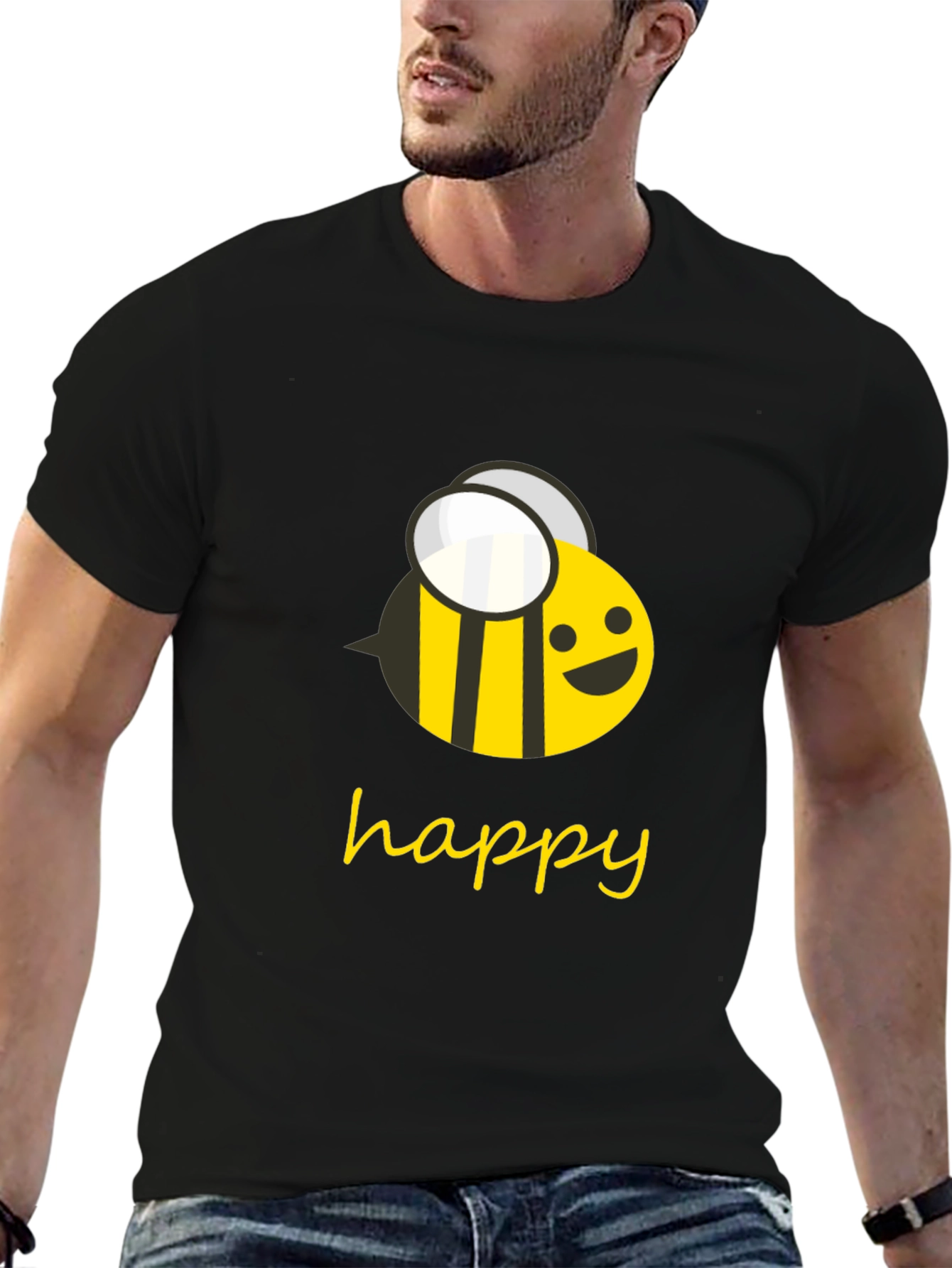 Happy Bee Graphic Tee - Black Cotton T-Shirt