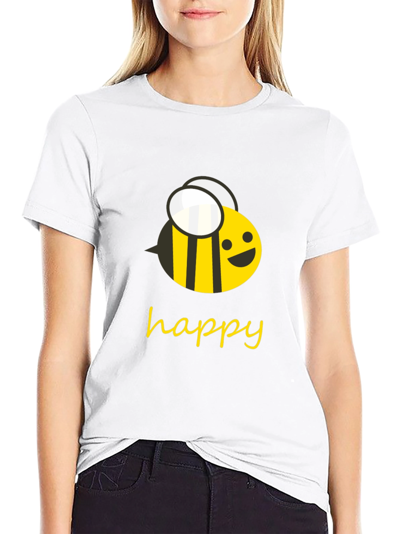 Happy Bee Graphic Tee - Black Cotton T-Shirt