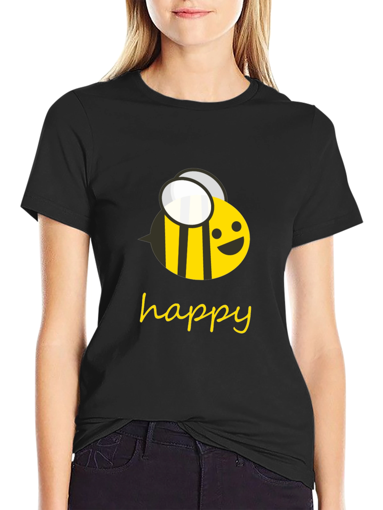 Happy Bee Graphic Tee - Black Cotton T-Shirt