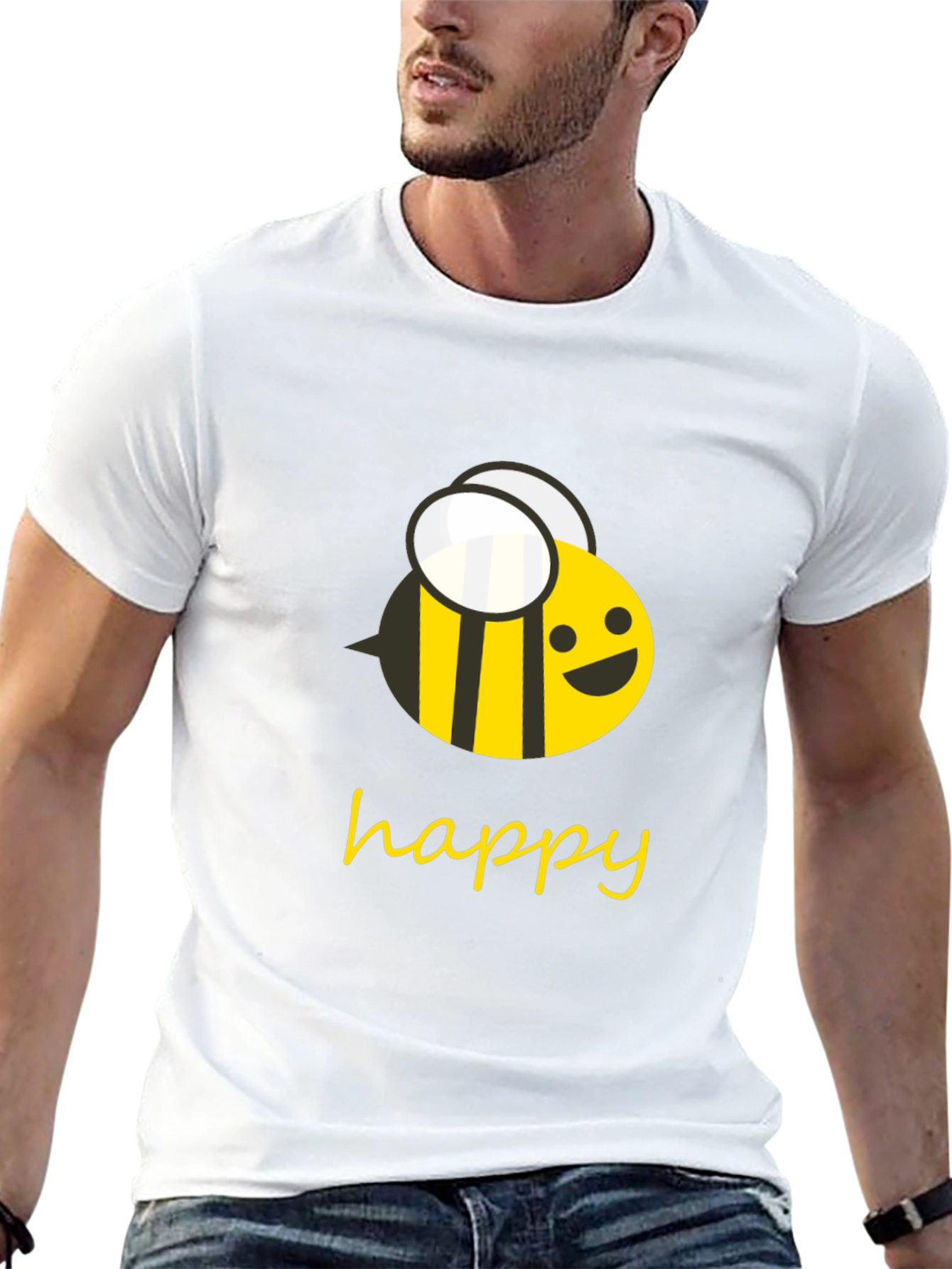 Happy Bee Graphic Tee - Black Cotton T-Shirt