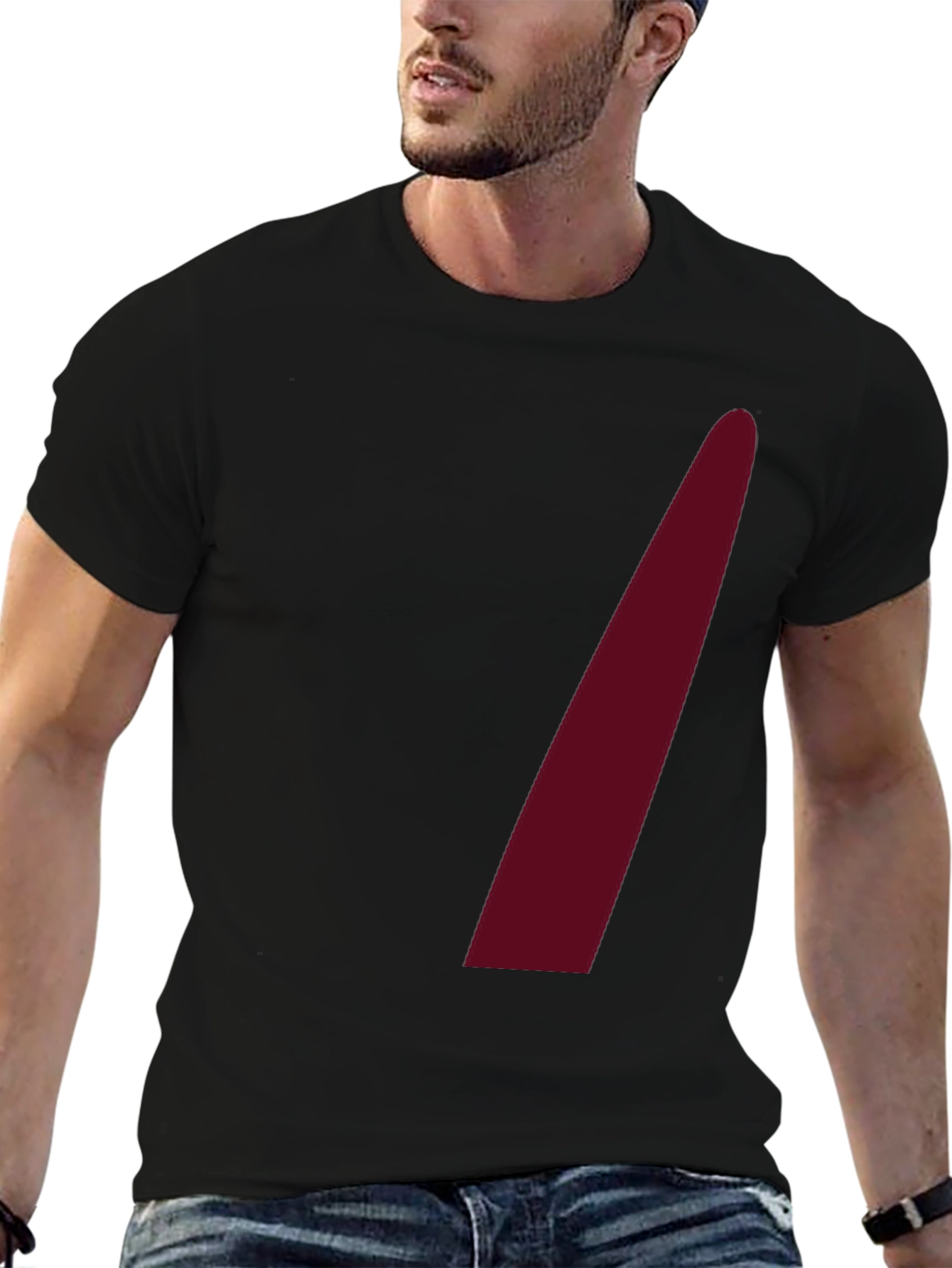 Mens Black Crew Neck Tee with Maroon Accent