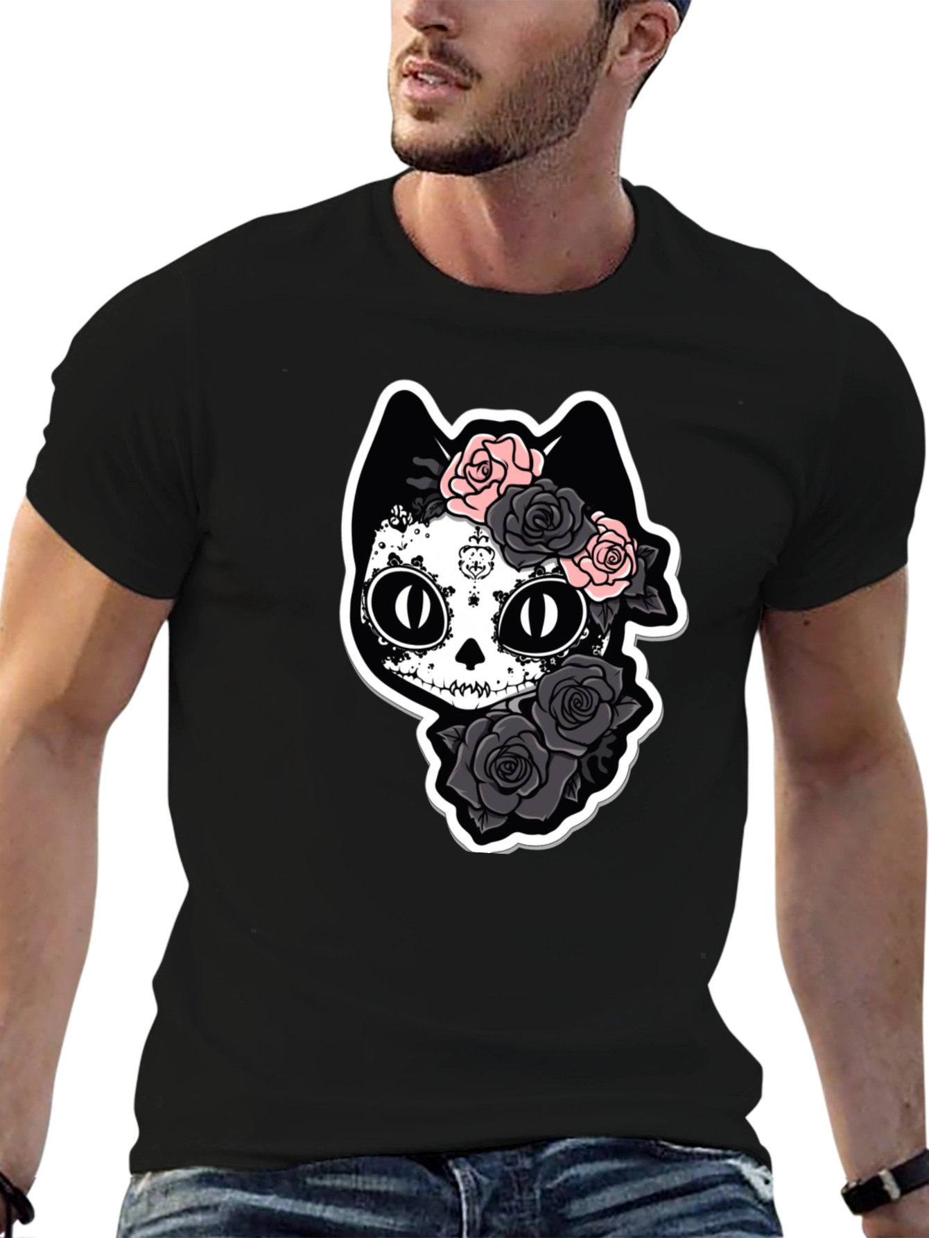 Sugar Skull Cat T-Shirt - Black