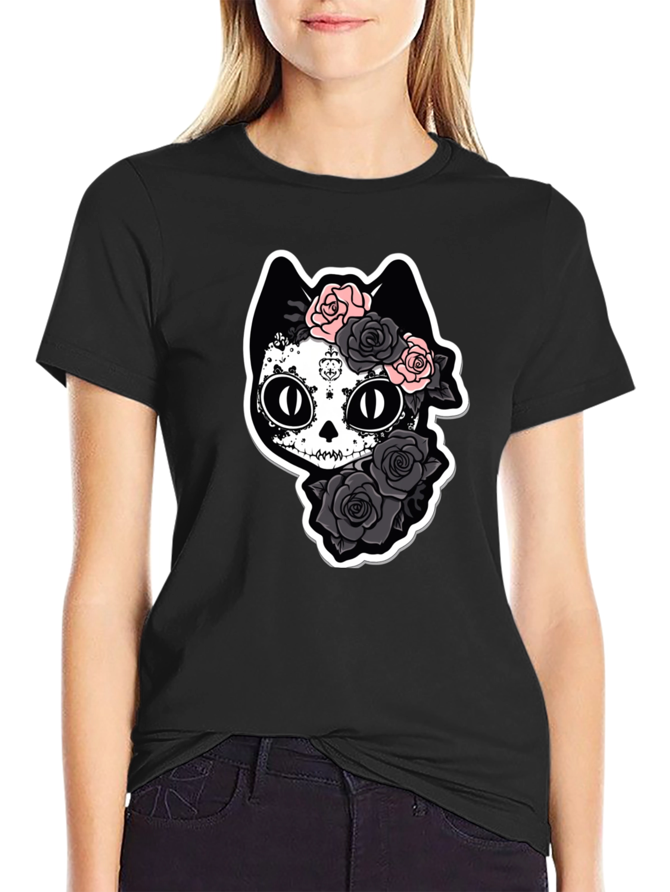 Sugar Skull Cat T-Shirt - Black