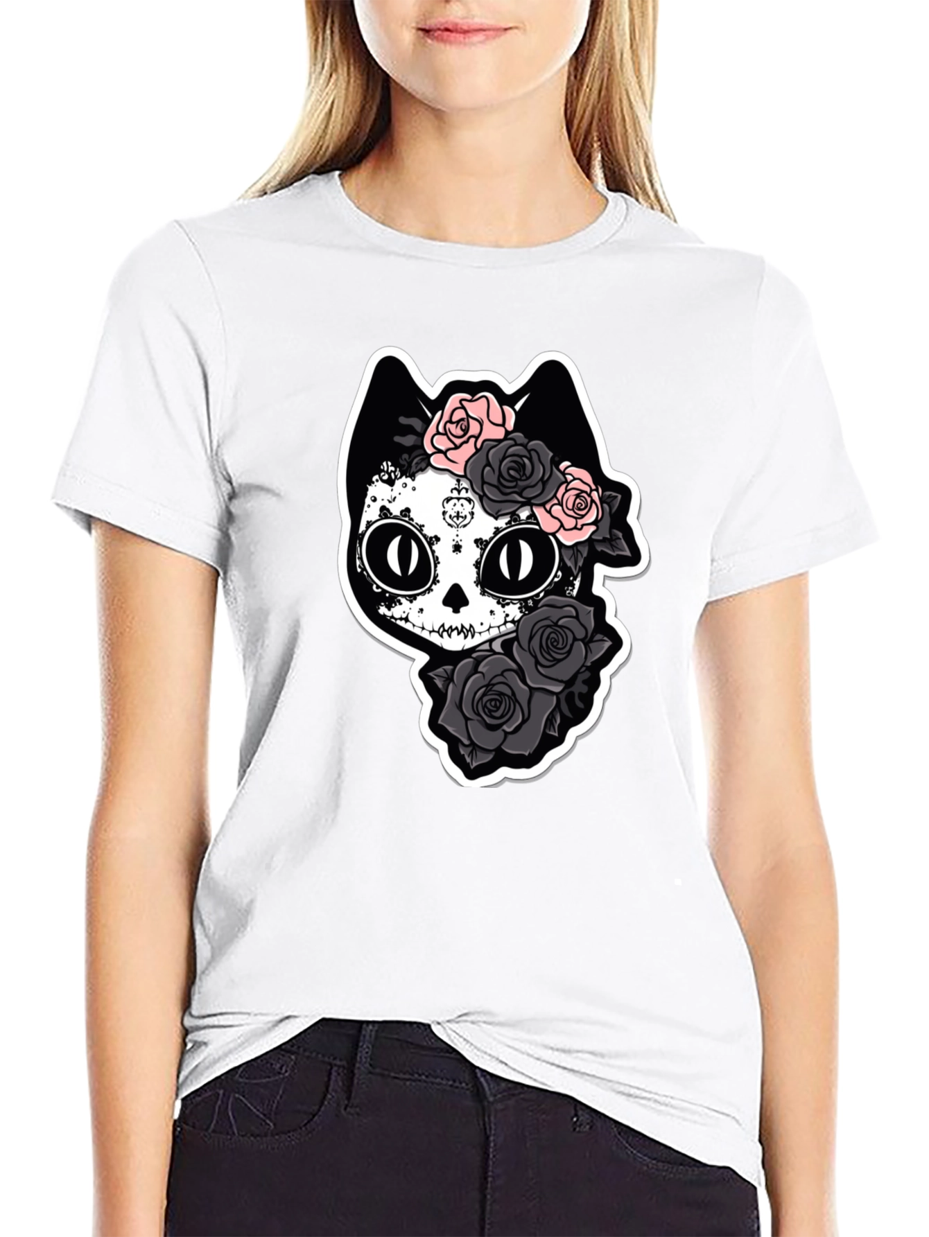 Sugar Skull Cat T-Shirt - Black