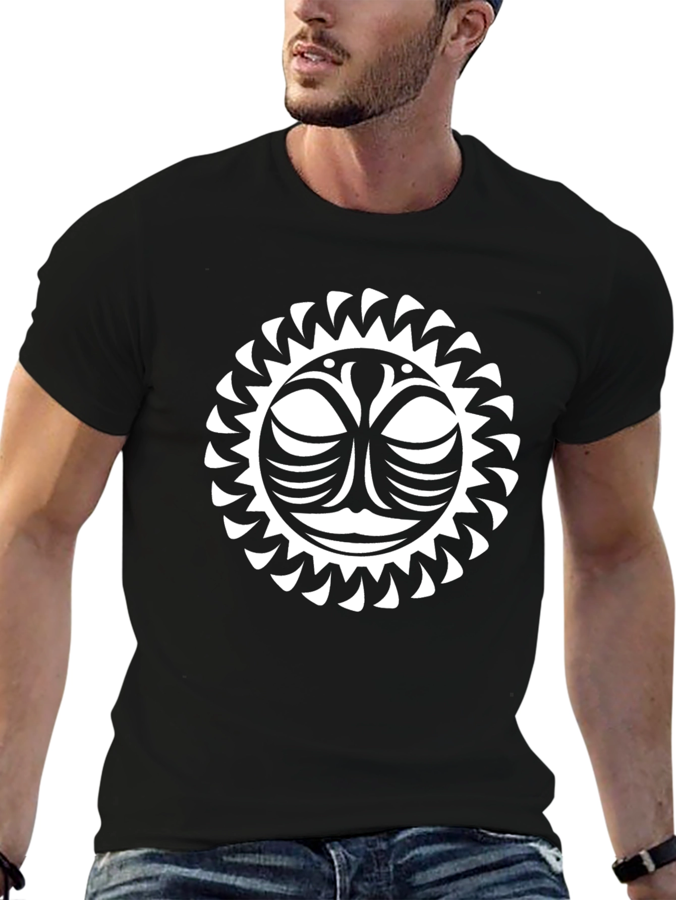 Tribal Sun Graphic Tee - Black Cotton T-Shirt