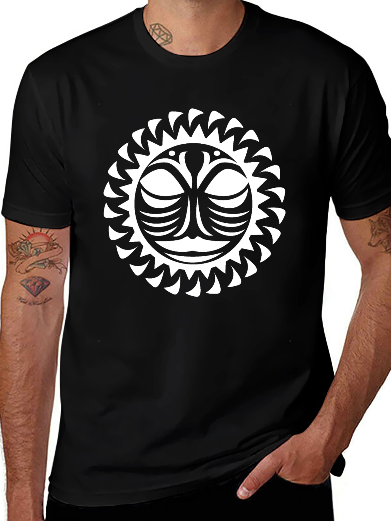 Tribal Sun Graphic Tee - Black Cotton T-Shirt