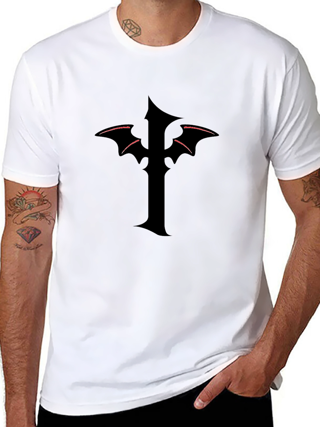 Mens Black T-Shirt with Gothic Cross Design