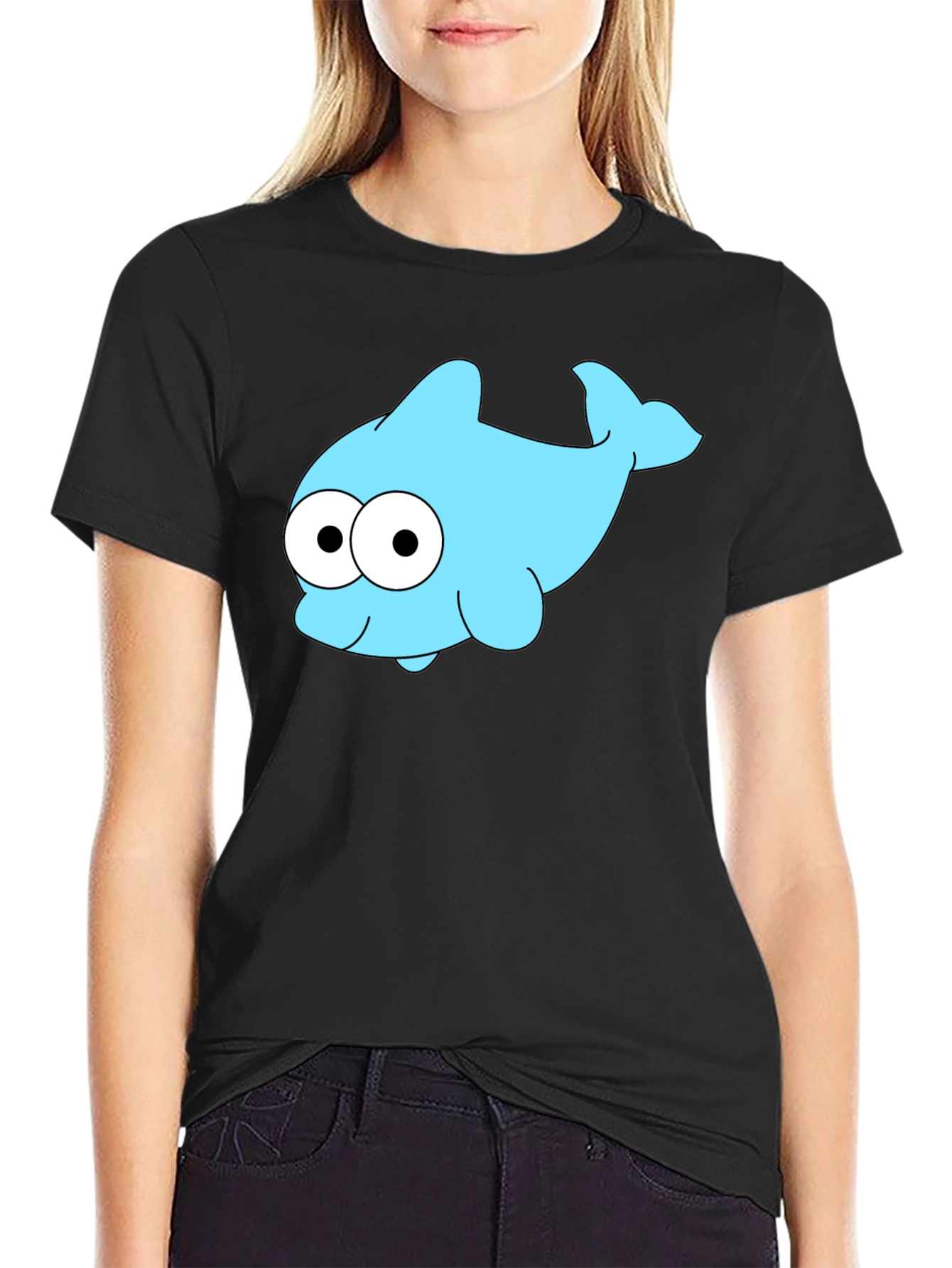 Cartoon Dolphin Graphic Tee - Black