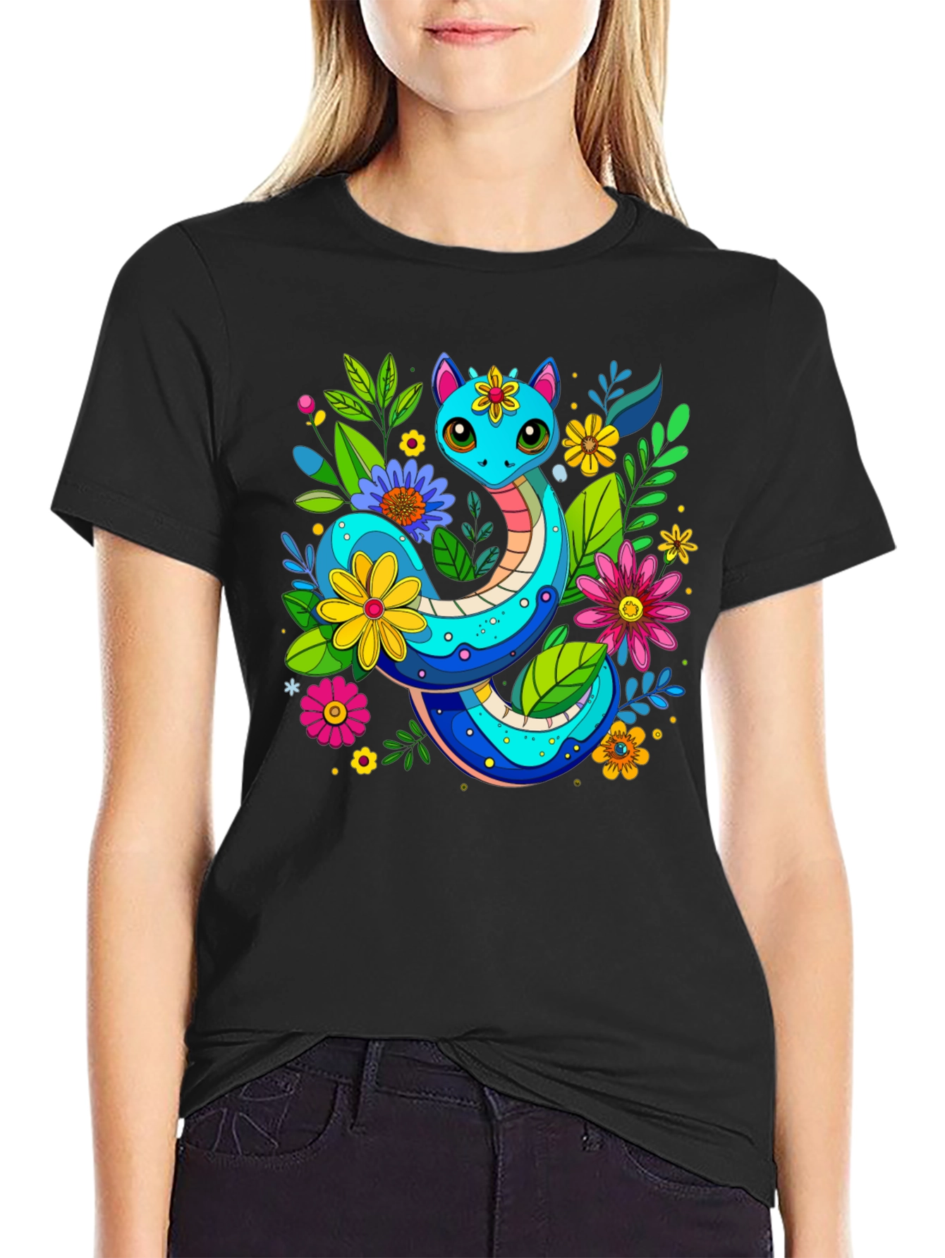 Floral Snake Graphic T-Shirt - Unique Animal Print