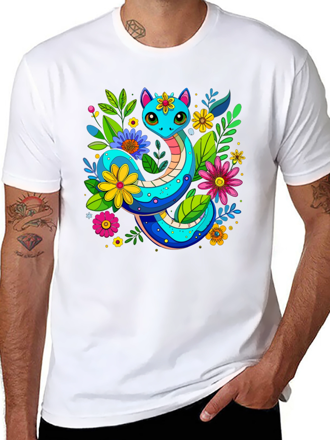 Floral Snake Graphic T-Shirt - Unique Animal Print