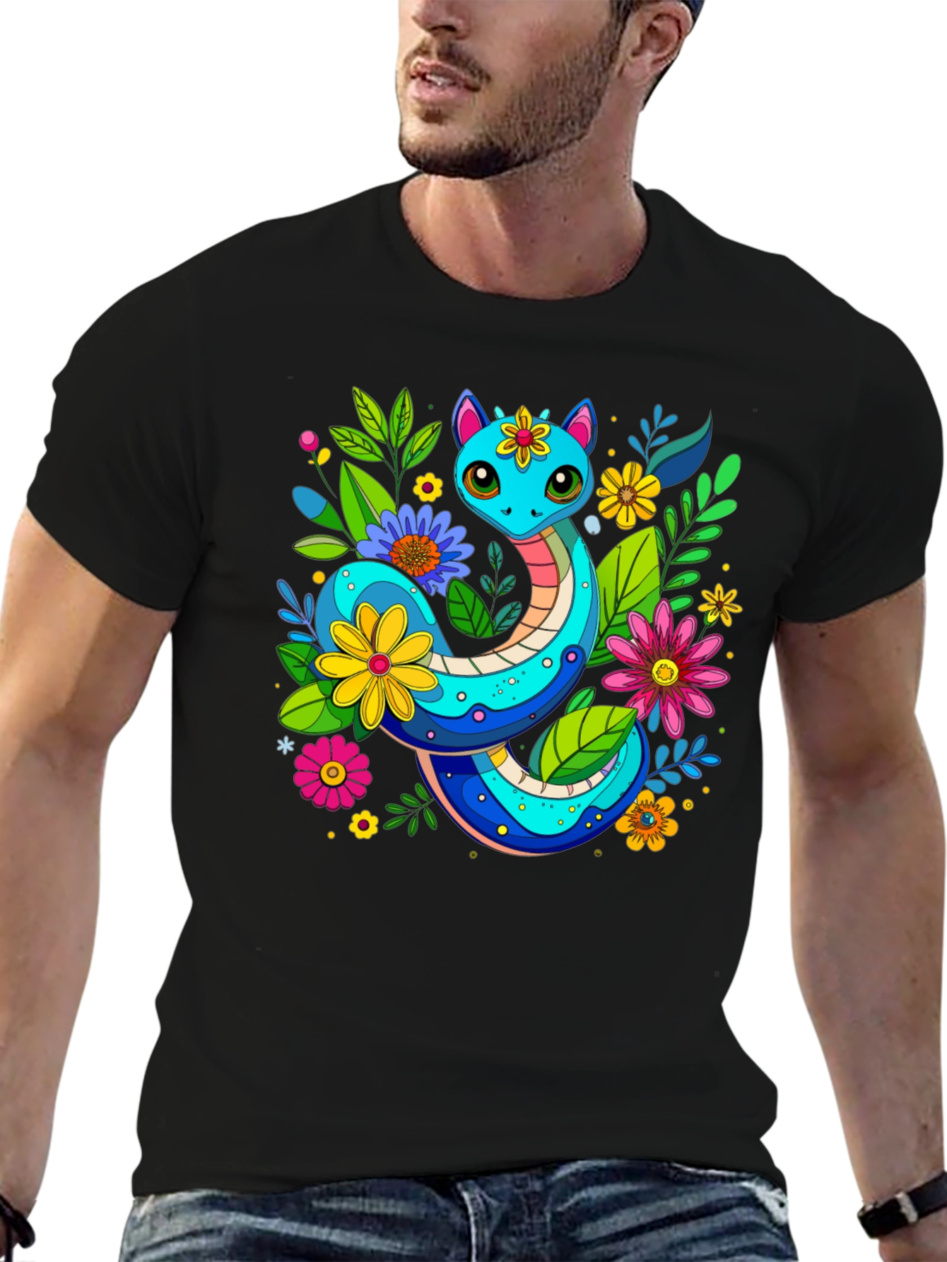 Floral Snake Graphic T-Shirt - Unique Animal Print