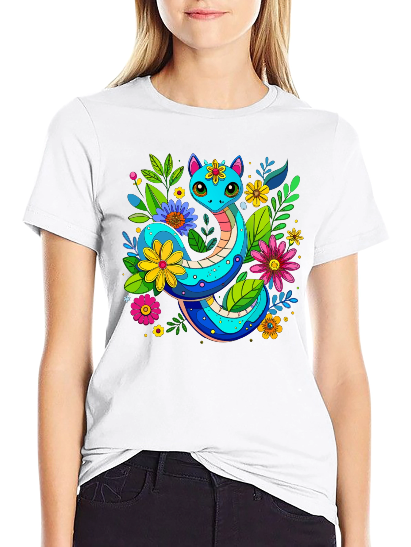 Floral Snake Graphic T-Shirt - Unique Animal Print