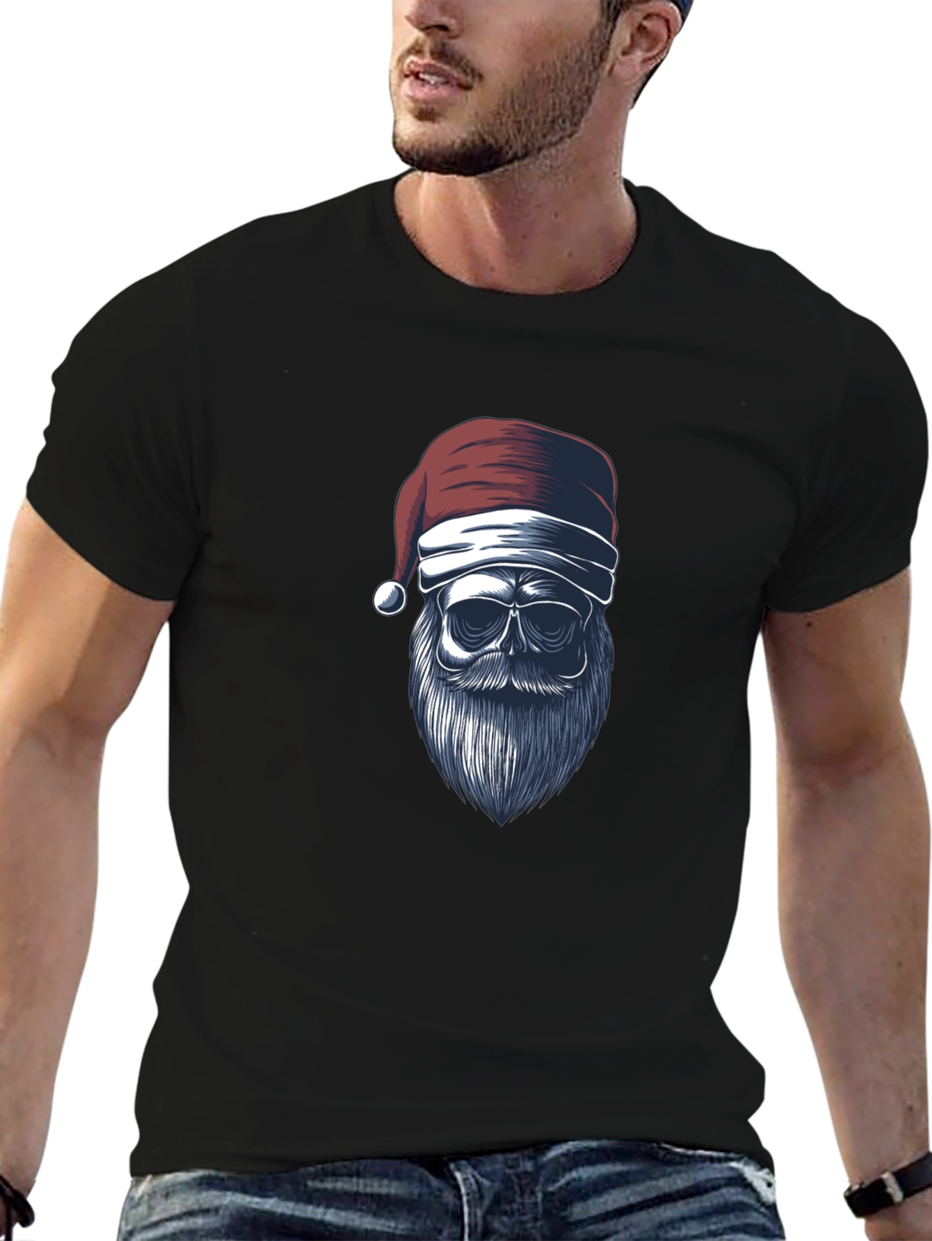 Santa Skull Graphic Tee - Black Holiday Shirt