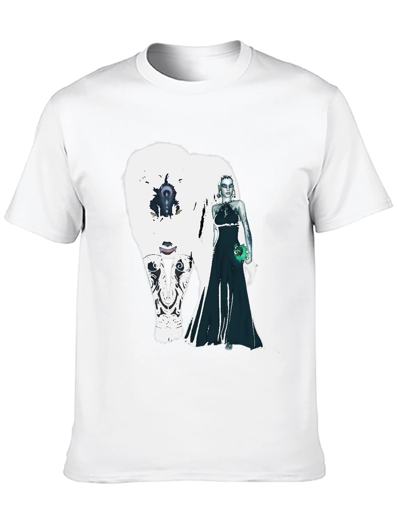 Black T-Shirt with White Bear and Woman Graphic