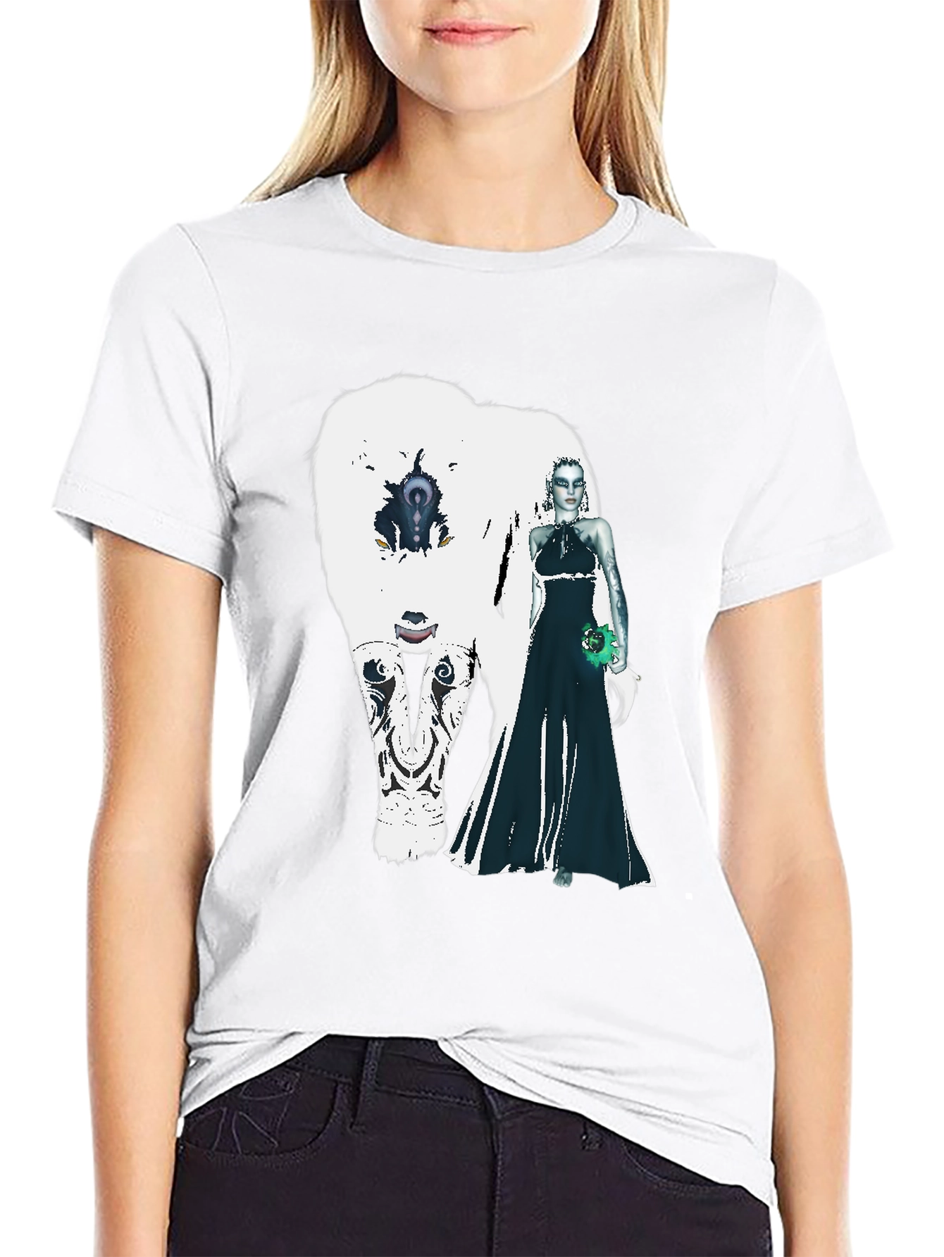 Black T-Shirt with White Bear and Woman Graphic