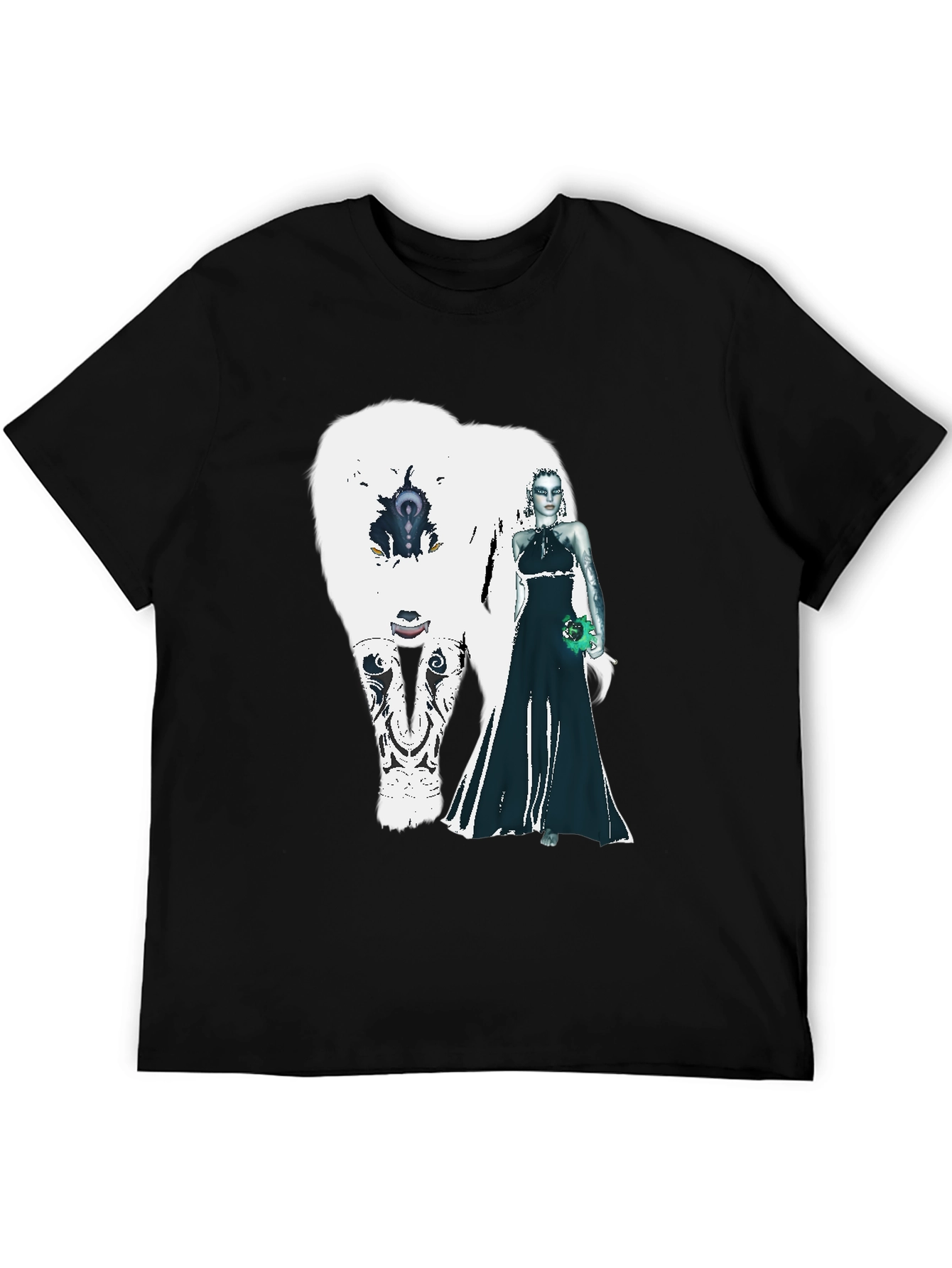 Black T-Shirt with White Bear and Woman Graphic