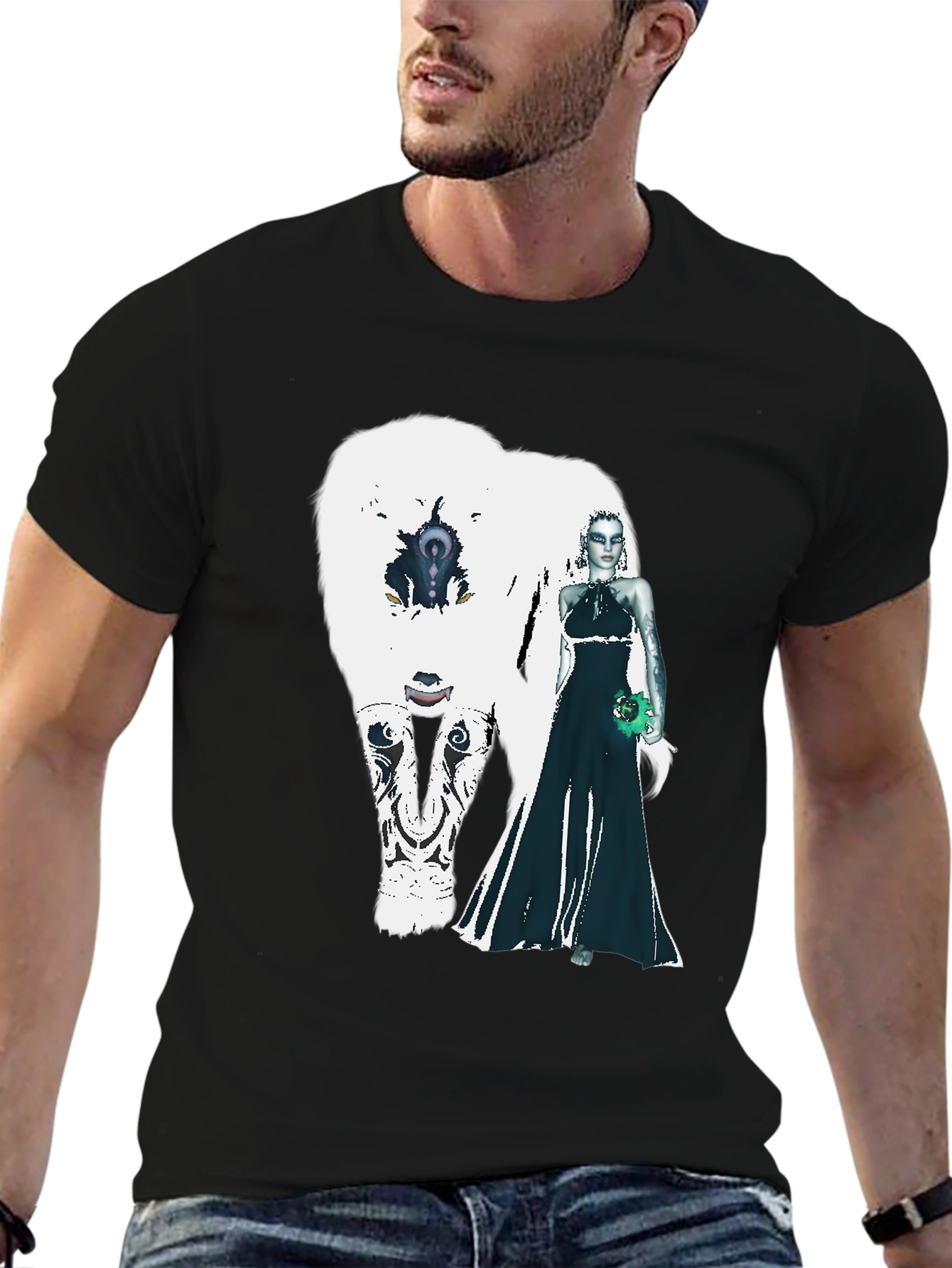 Black T-Shirt with White Bear and Woman Graphic