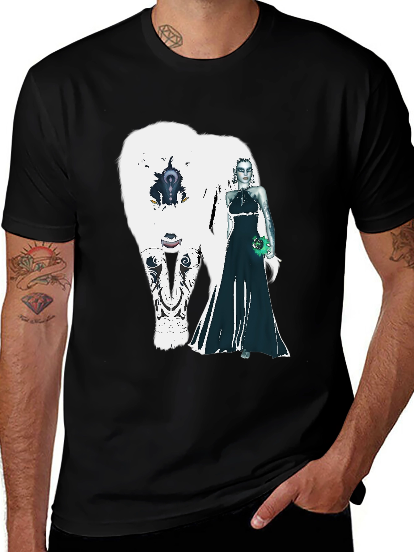 Black T-Shirt with White Bear and Woman Graphic
