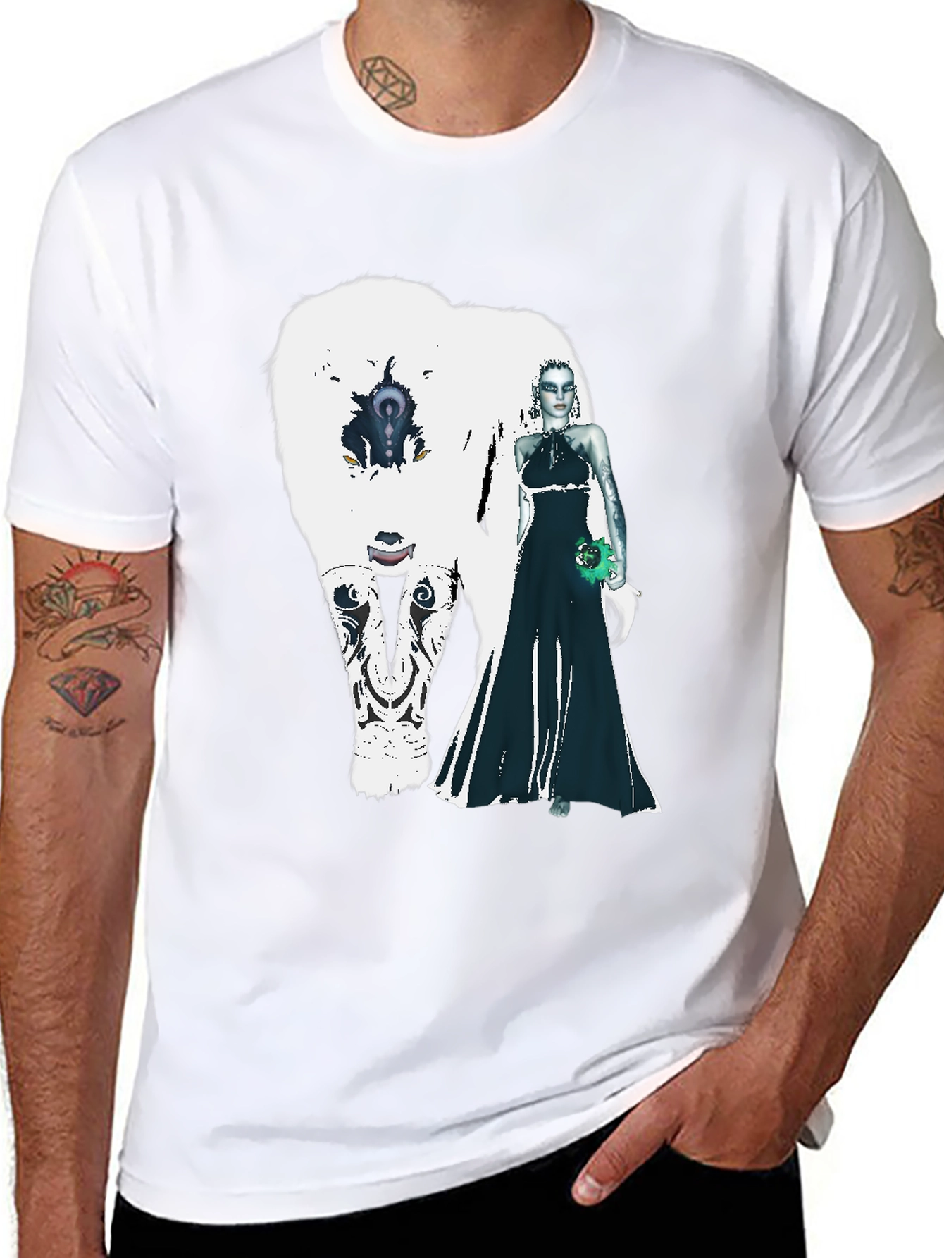 Black T-Shirt with White Bear and Woman Graphic