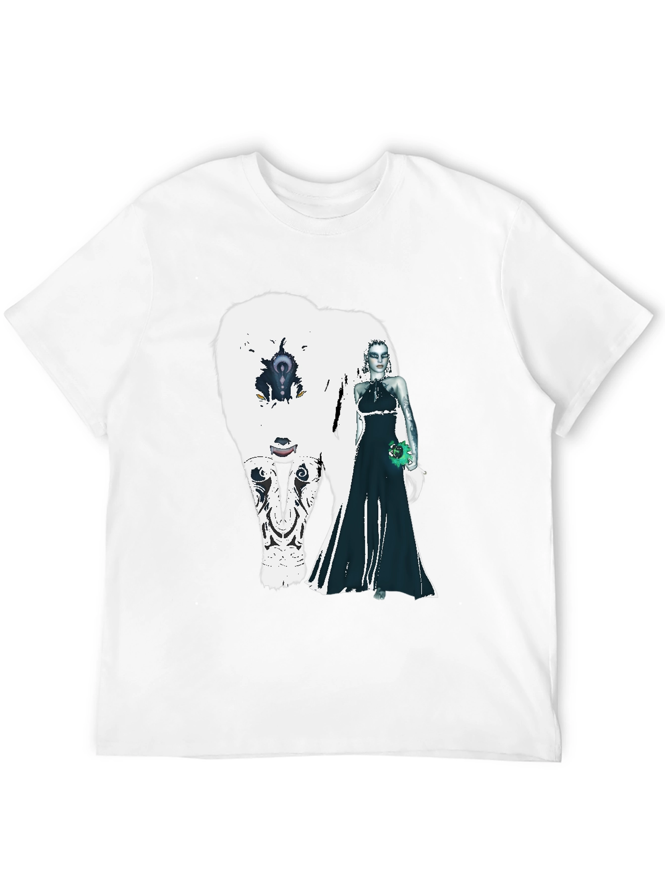Black T-Shirt with White Bear and Woman Graphic