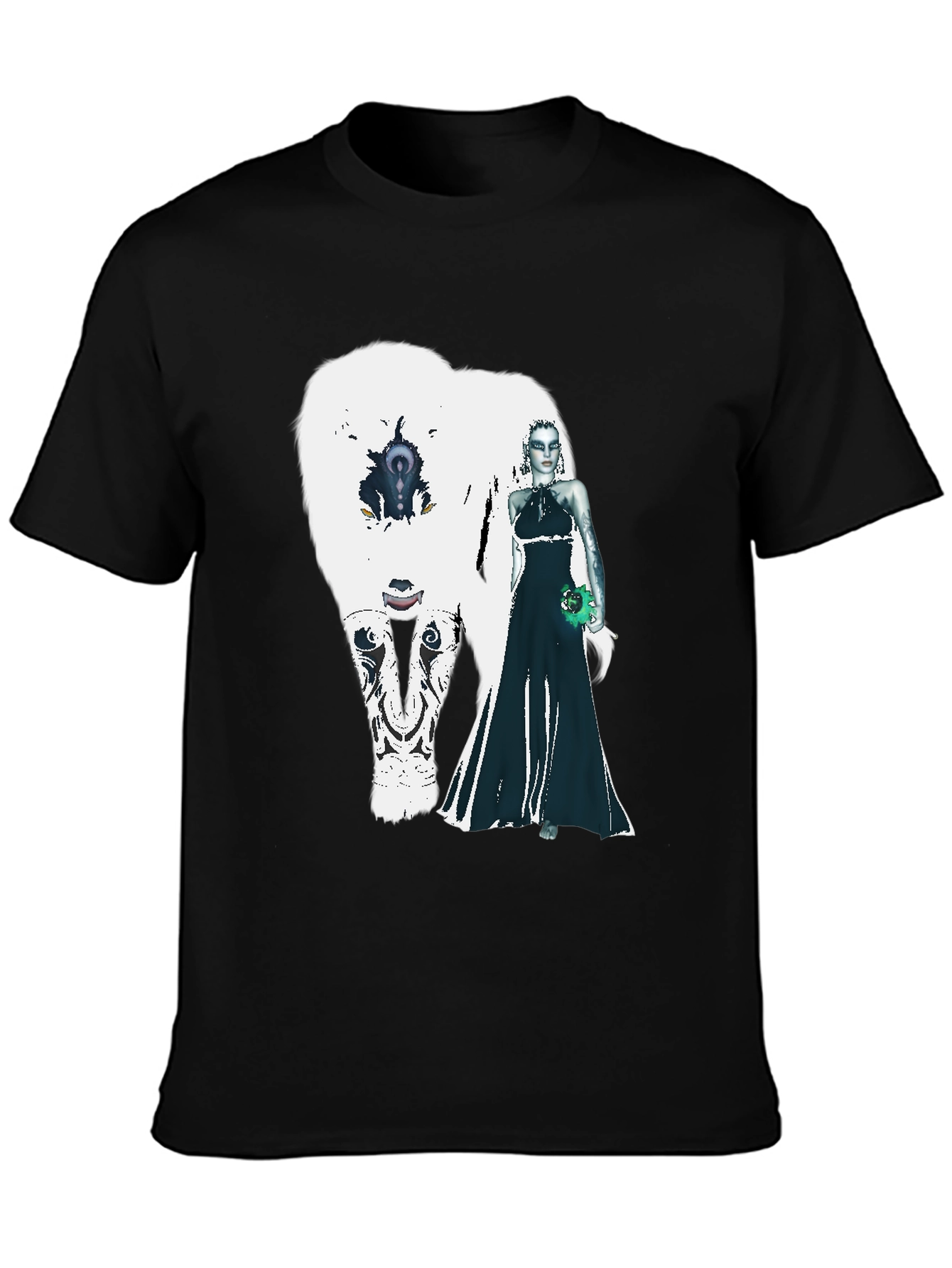 Black T-Shirt with White Bear and Woman Graphic