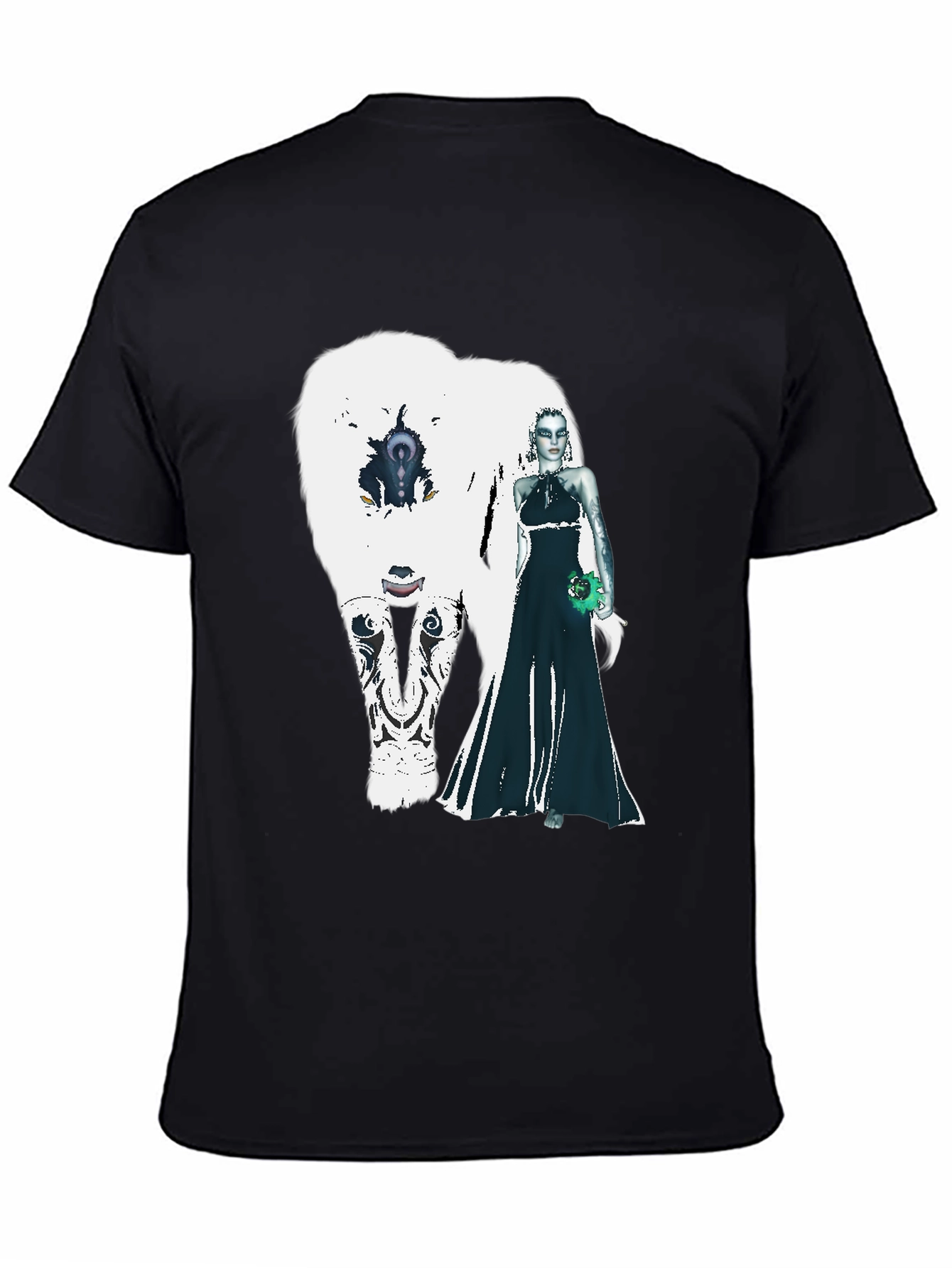 Black T-Shirt with White Bear and Woman Graphic