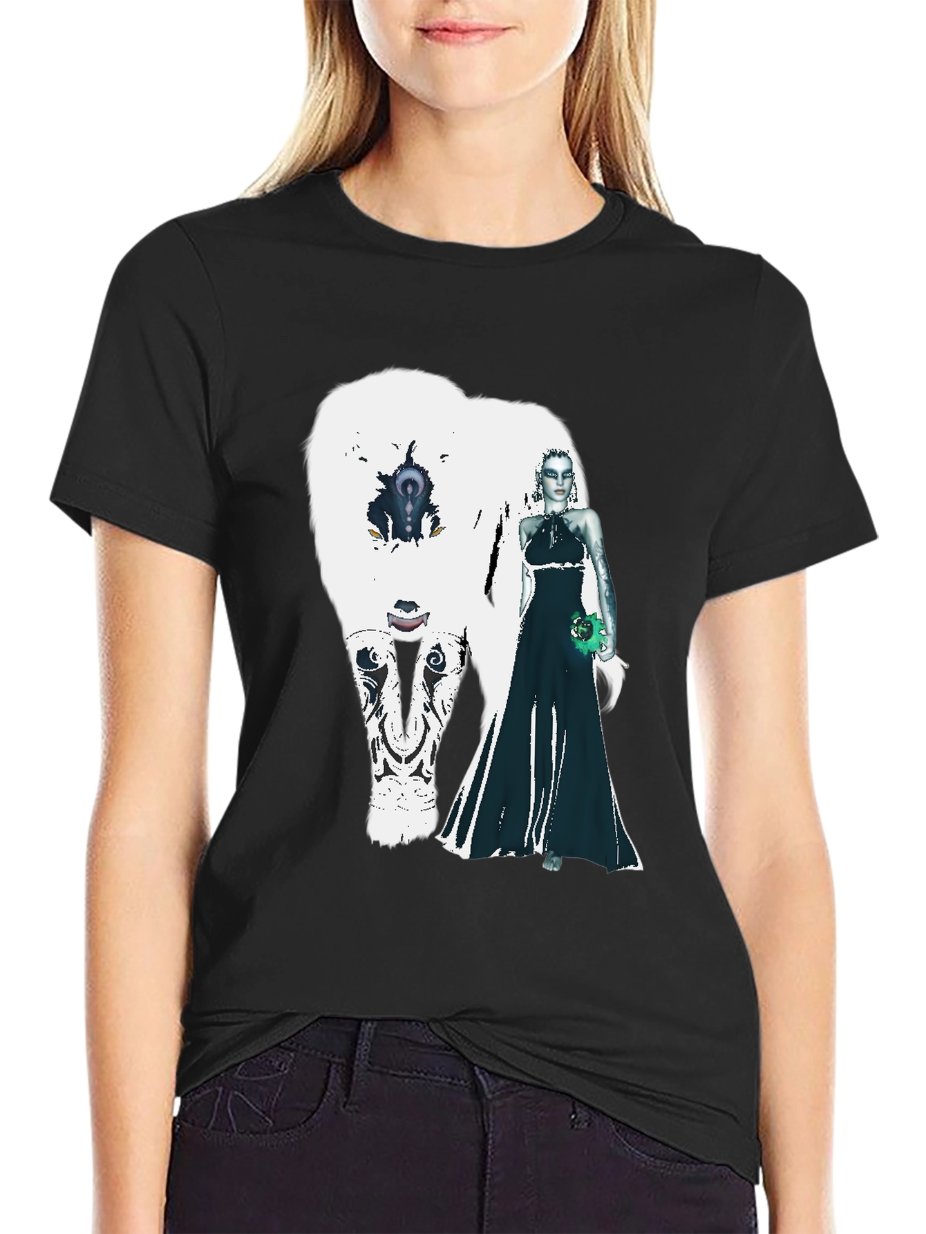 Black T-Shirt with White Bear and Woman Graphic