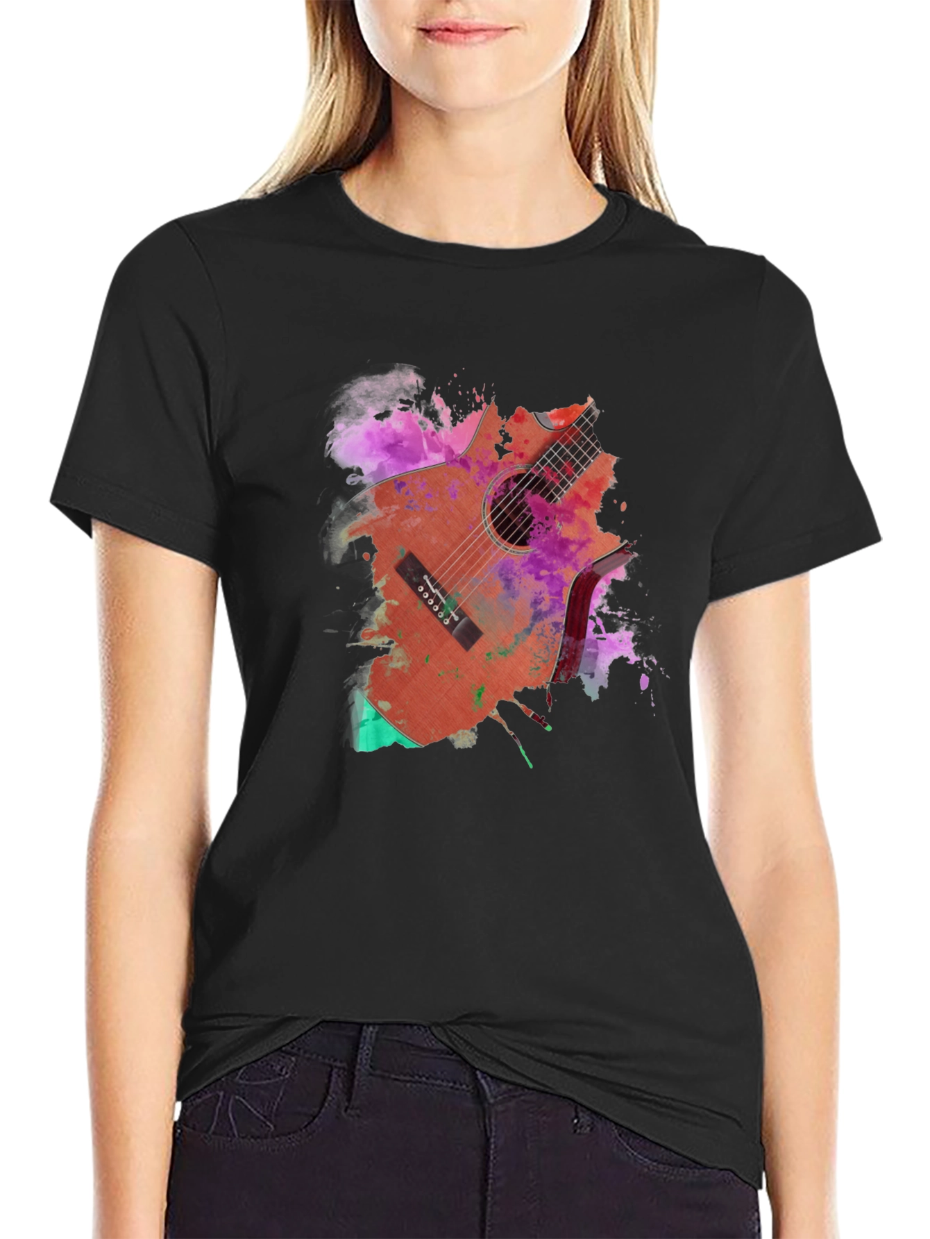 Guitar Paint Splash Graphic Black T-Shirt