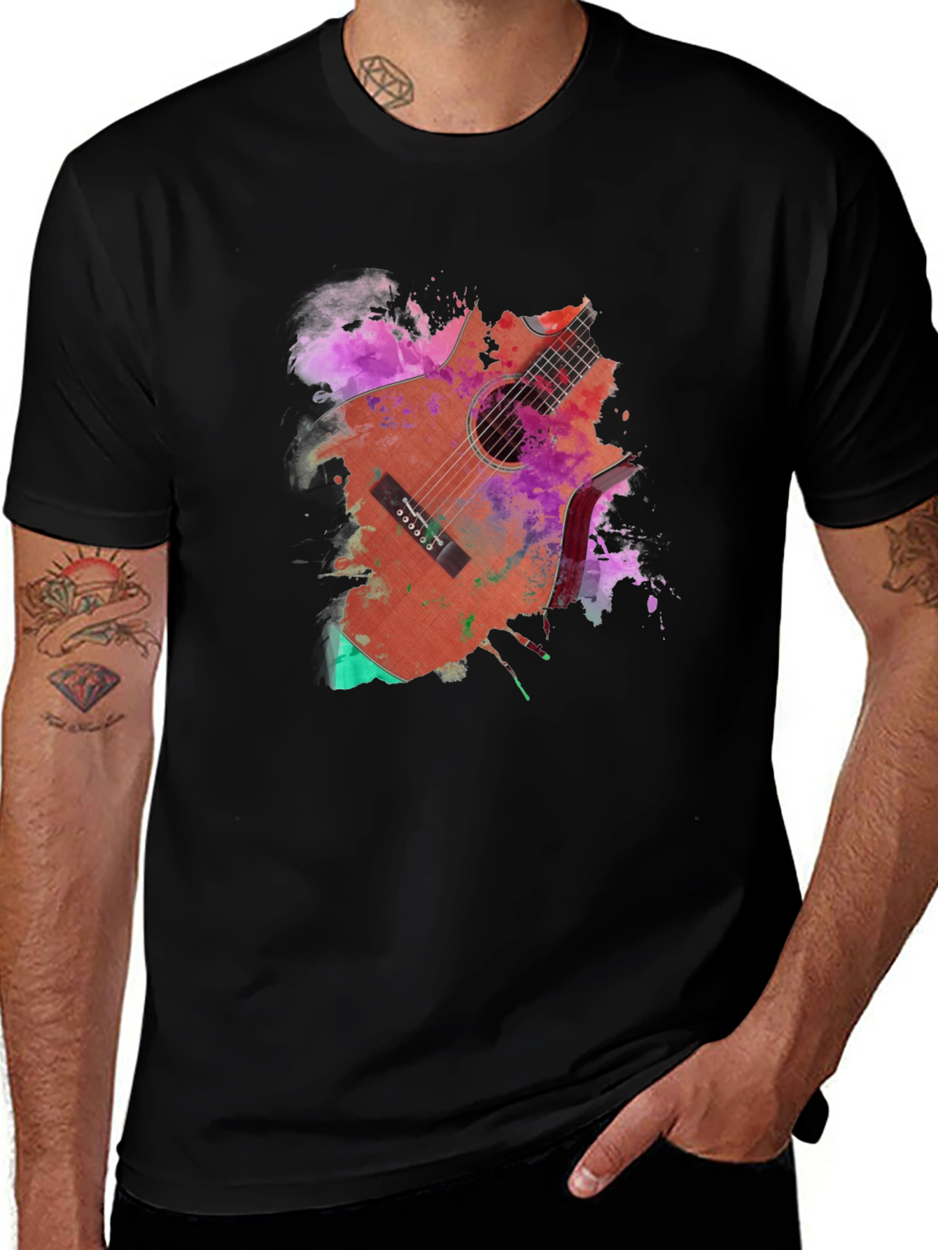 Guitar Paint Splash Graphic Black T-Shirt