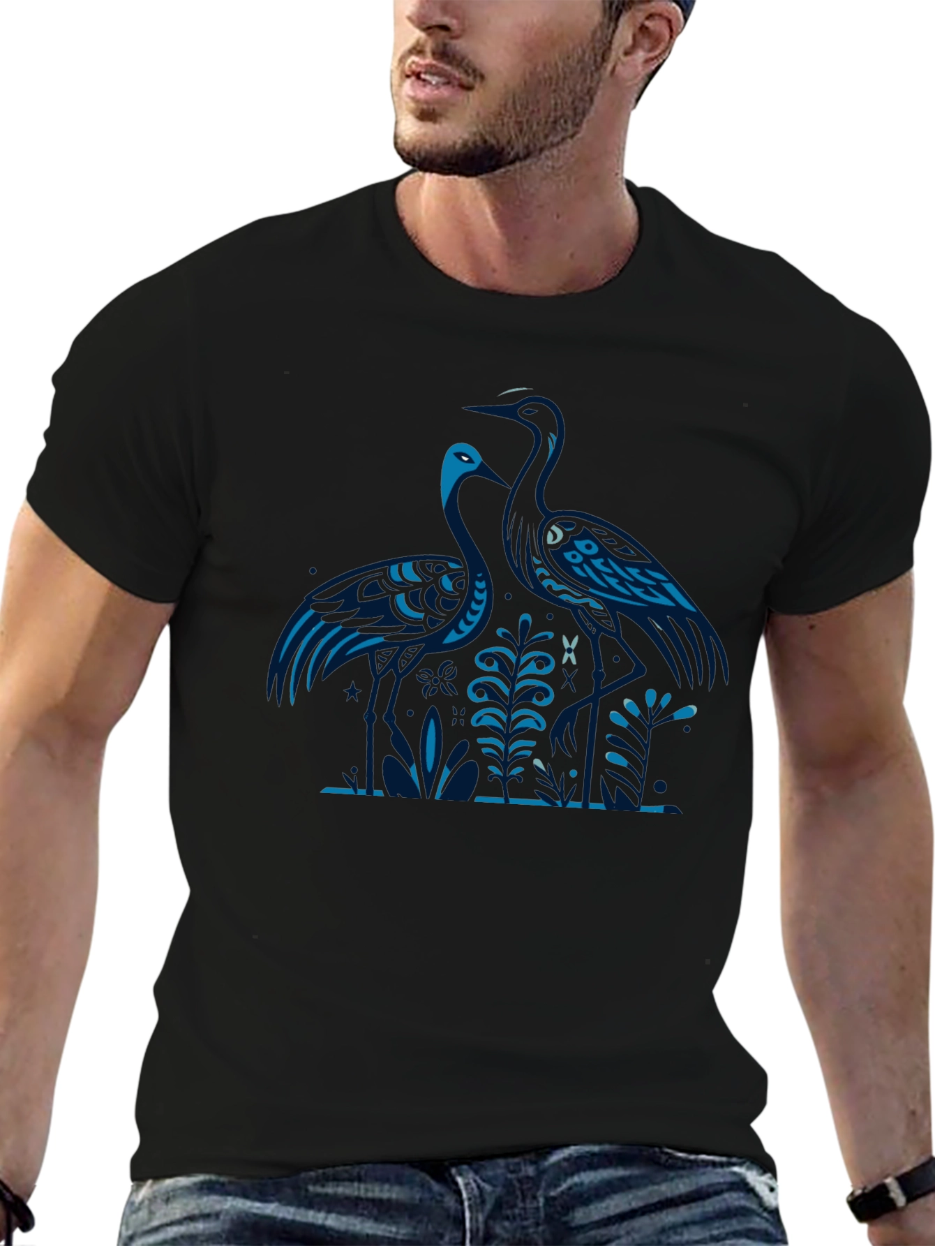 Heron Print Black T-Shirt