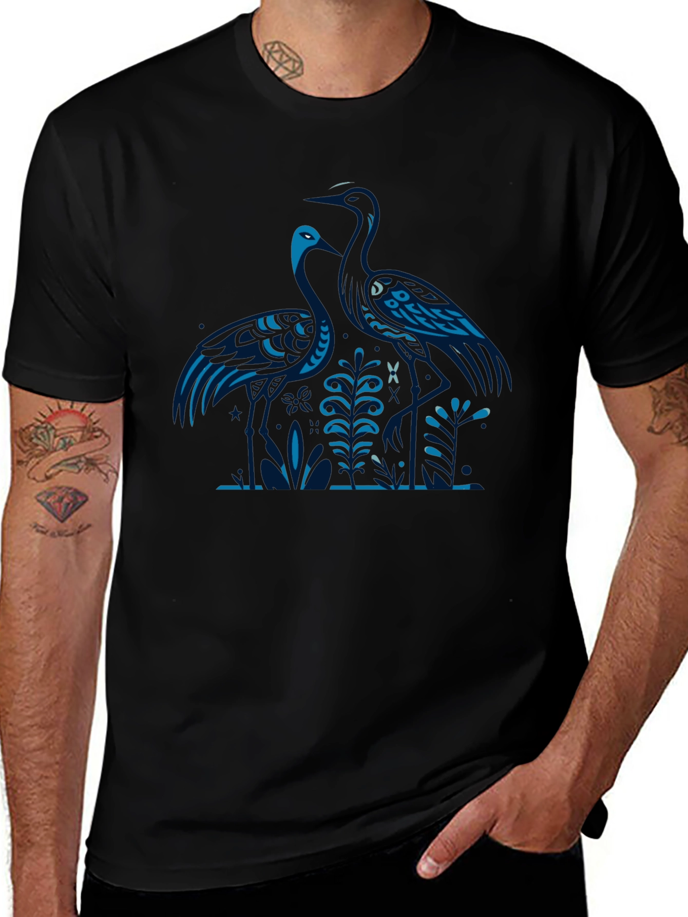 Heron Print Black T-Shirt